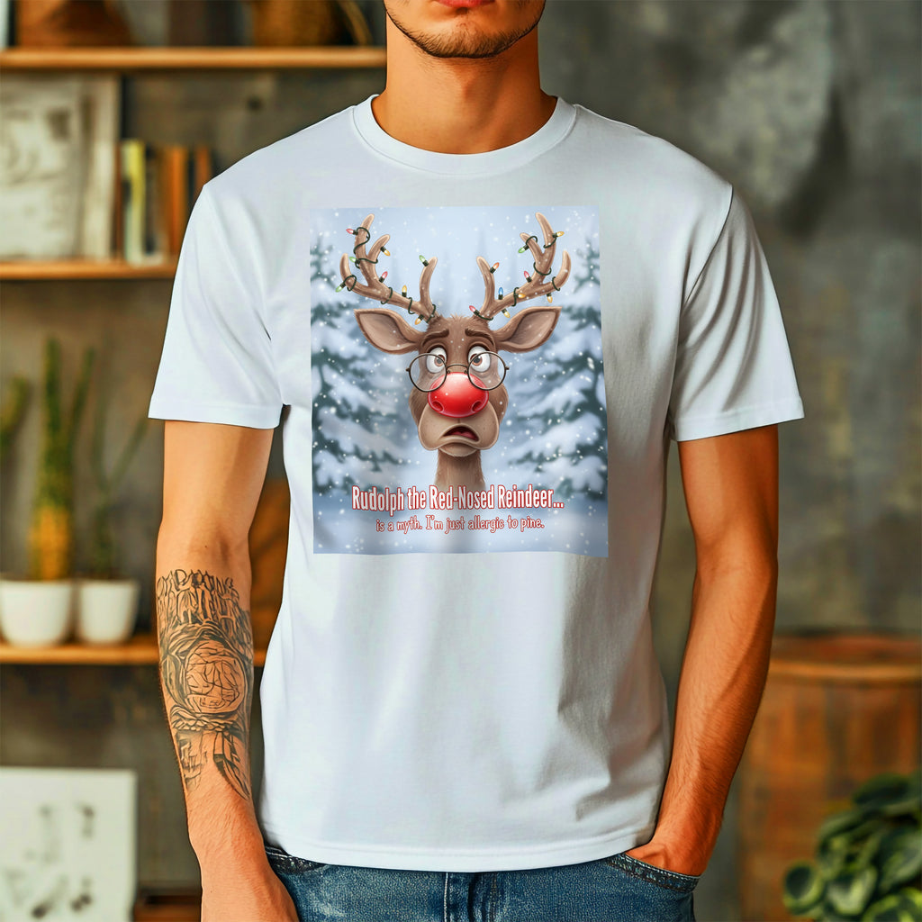 Funny Christmas T-Shirt: "Allergic to Pine" Rudolph Humor Graphic Tee