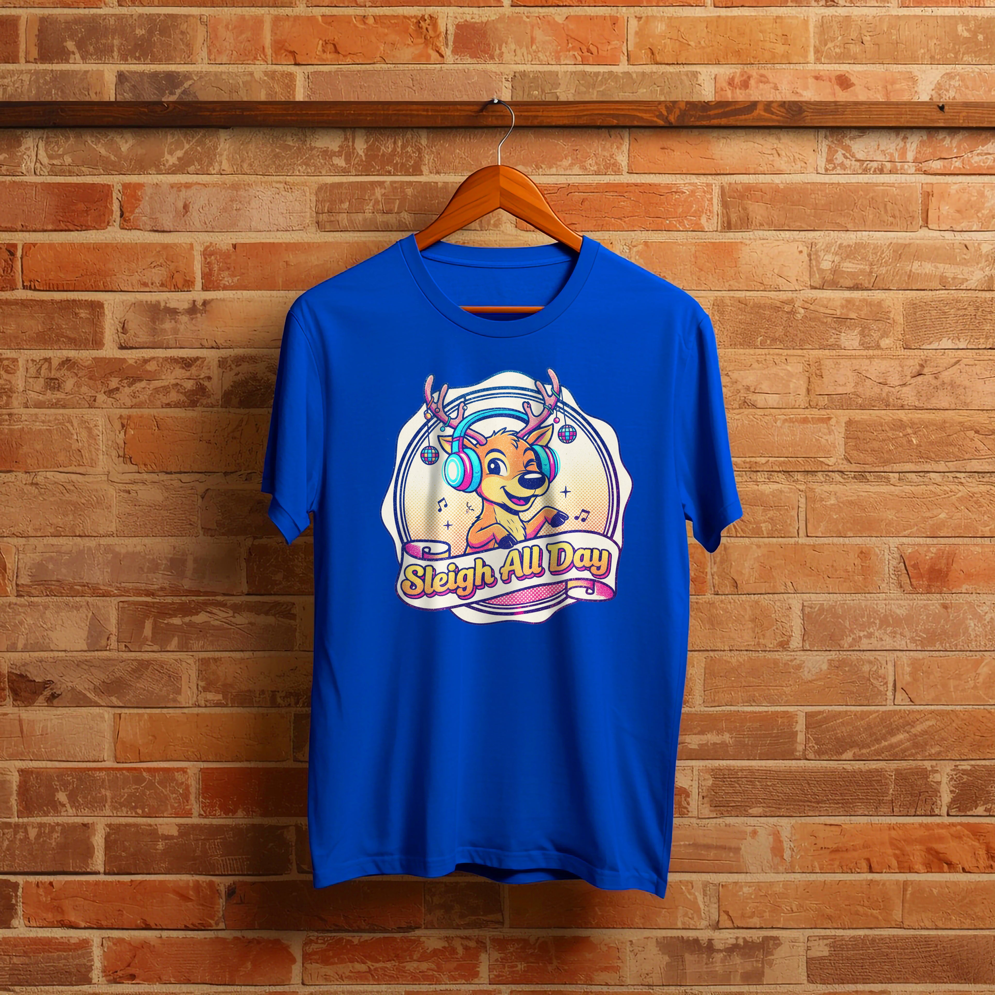 Retro Christmas T-Shirt: "Sleigh All Day" Disco Reindeer Graphic Tee