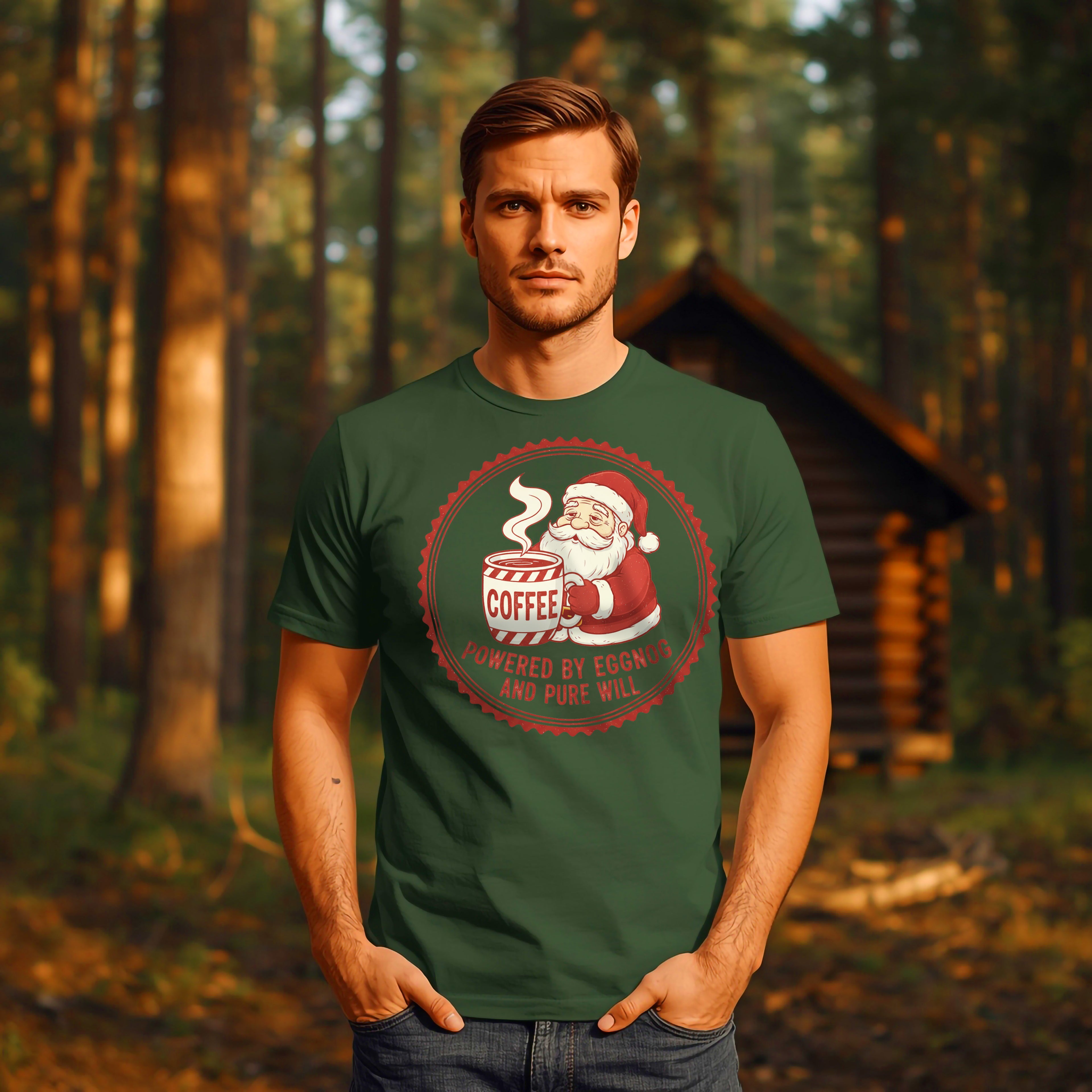 Funny Christmas T-Shirt: "Powered by Eggnog and Pure Will" Santa Coffee Graphic Tee