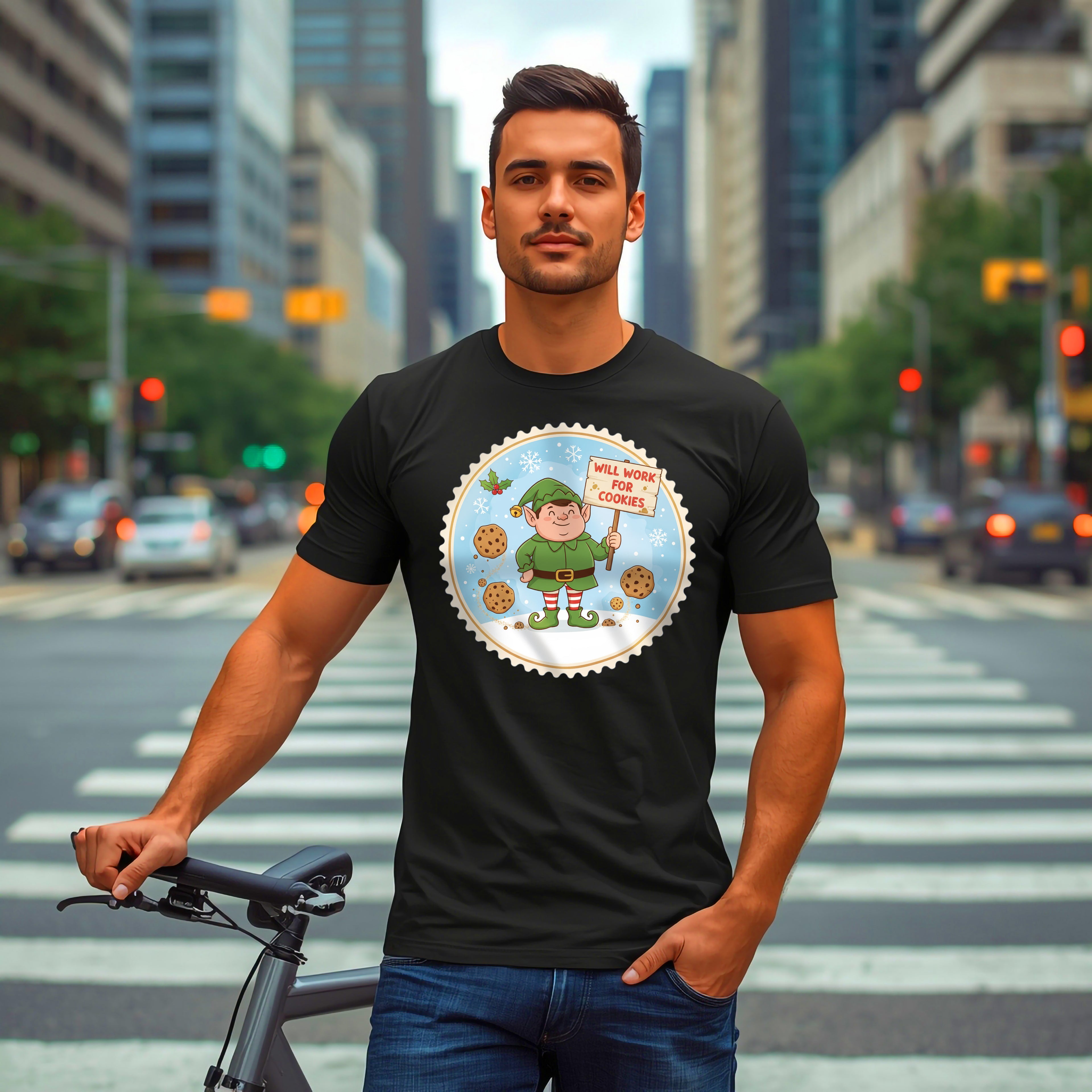 Funny Christmas T-Shirt: "Will Work for Cookies" Elf Graphic Tee