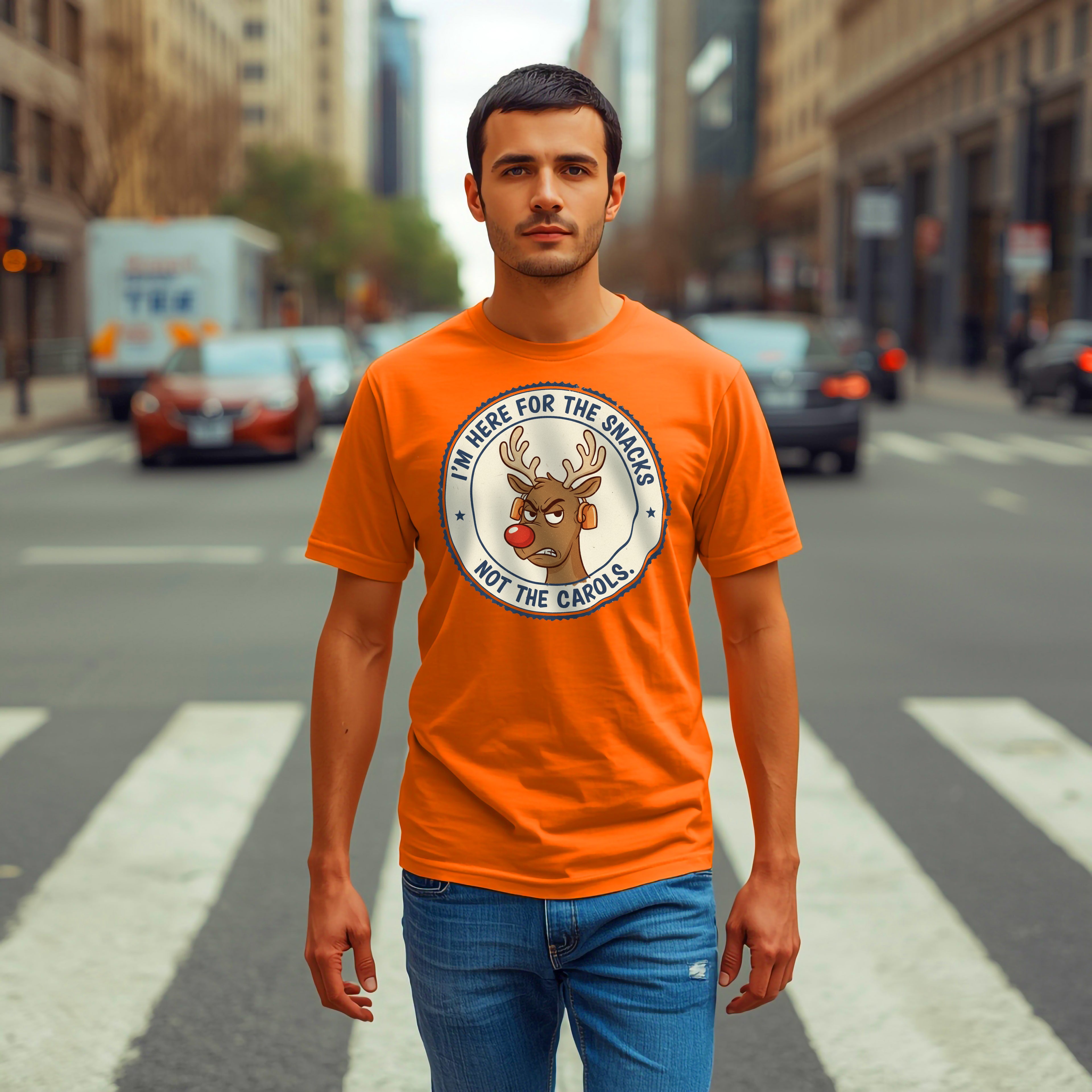 Funny Christmas Reindeer T-Shirt – “I’m Here for the Snacks, Not the Carols” Holiday Humor Tee