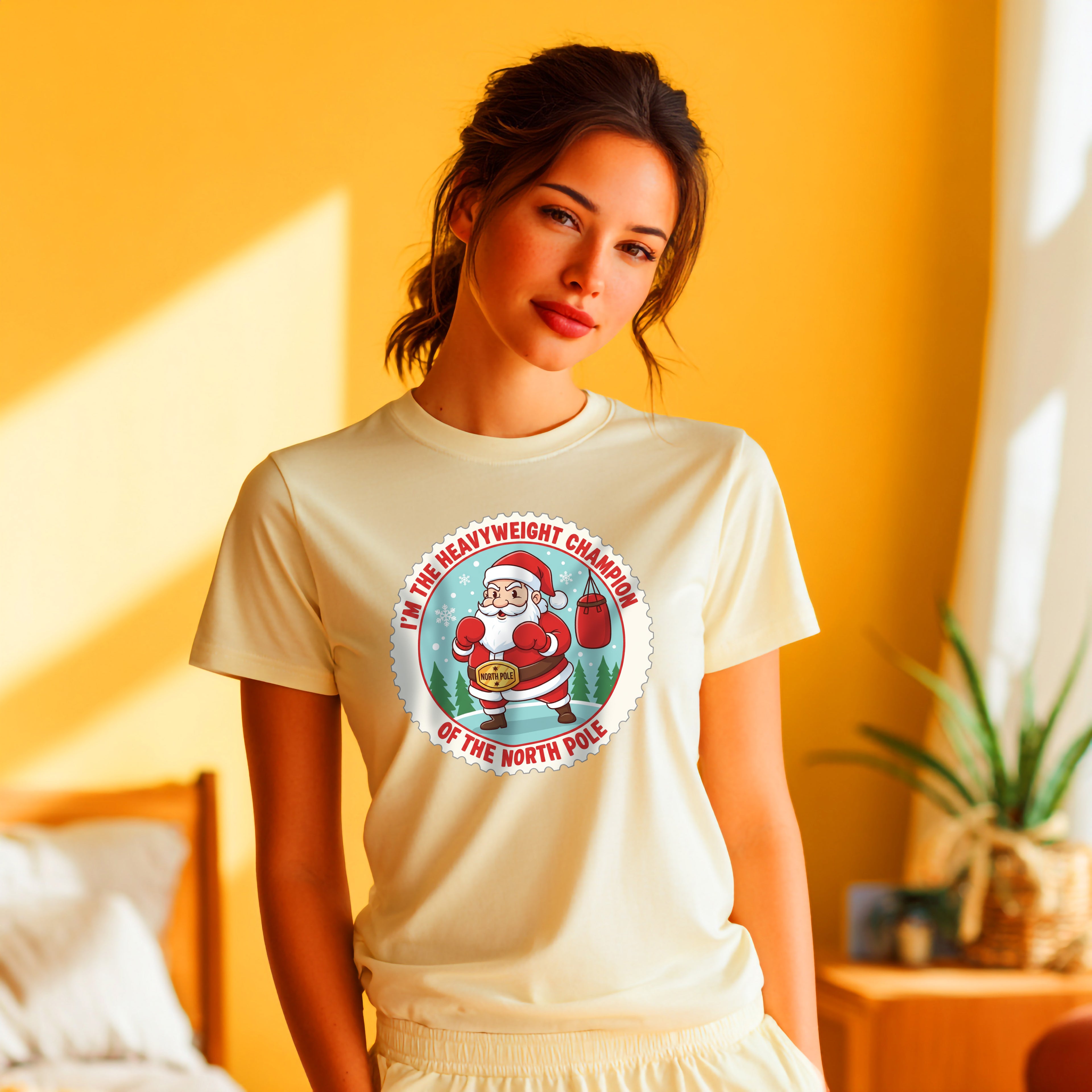 Funny Christmas T-Shirt: "Heavyweight Champion of the North Pole" Boxing Santa Graphic Tee