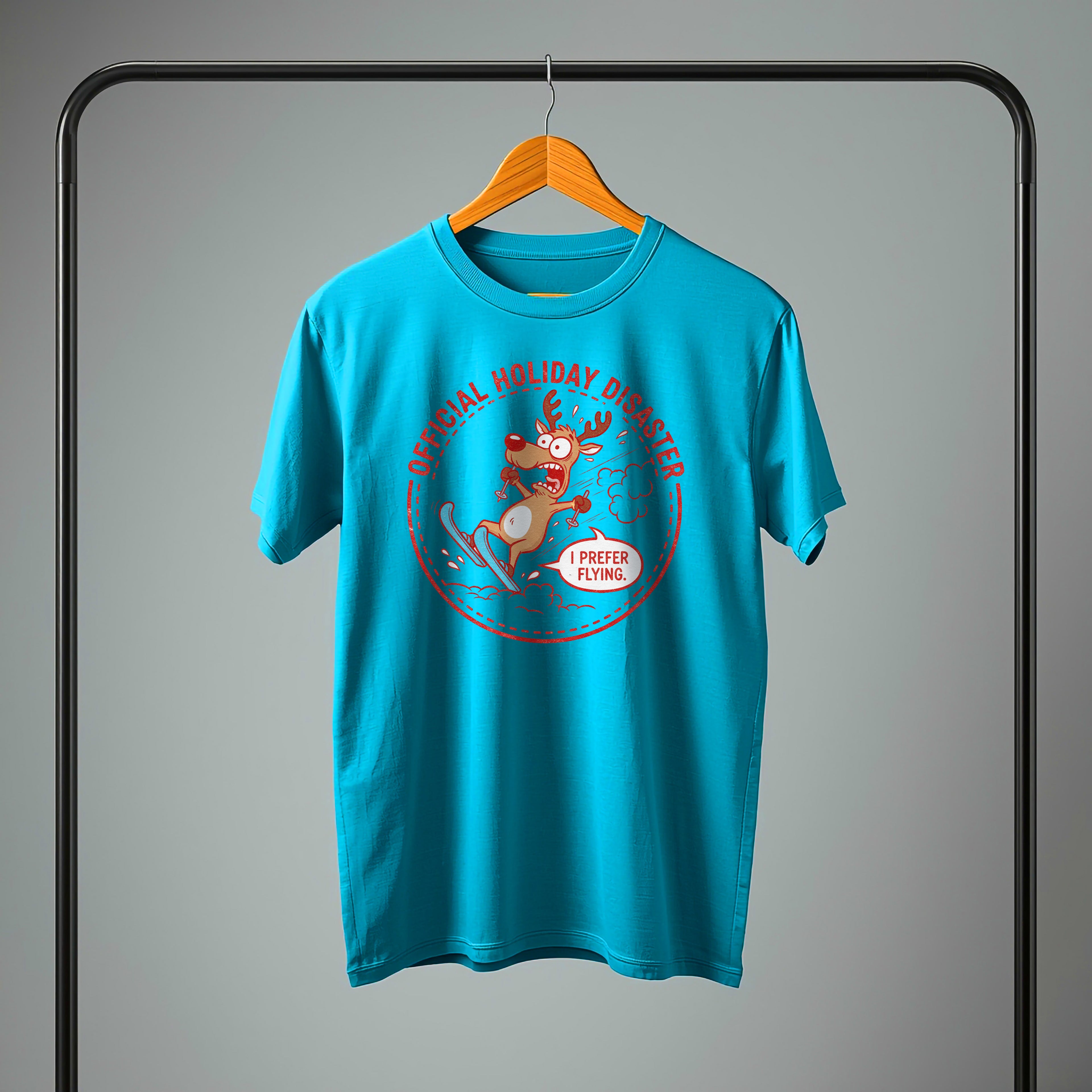 Funny Christmas T-Shirt: "Official Holiday Disaster" Skiing Reindeer Graphic Tee