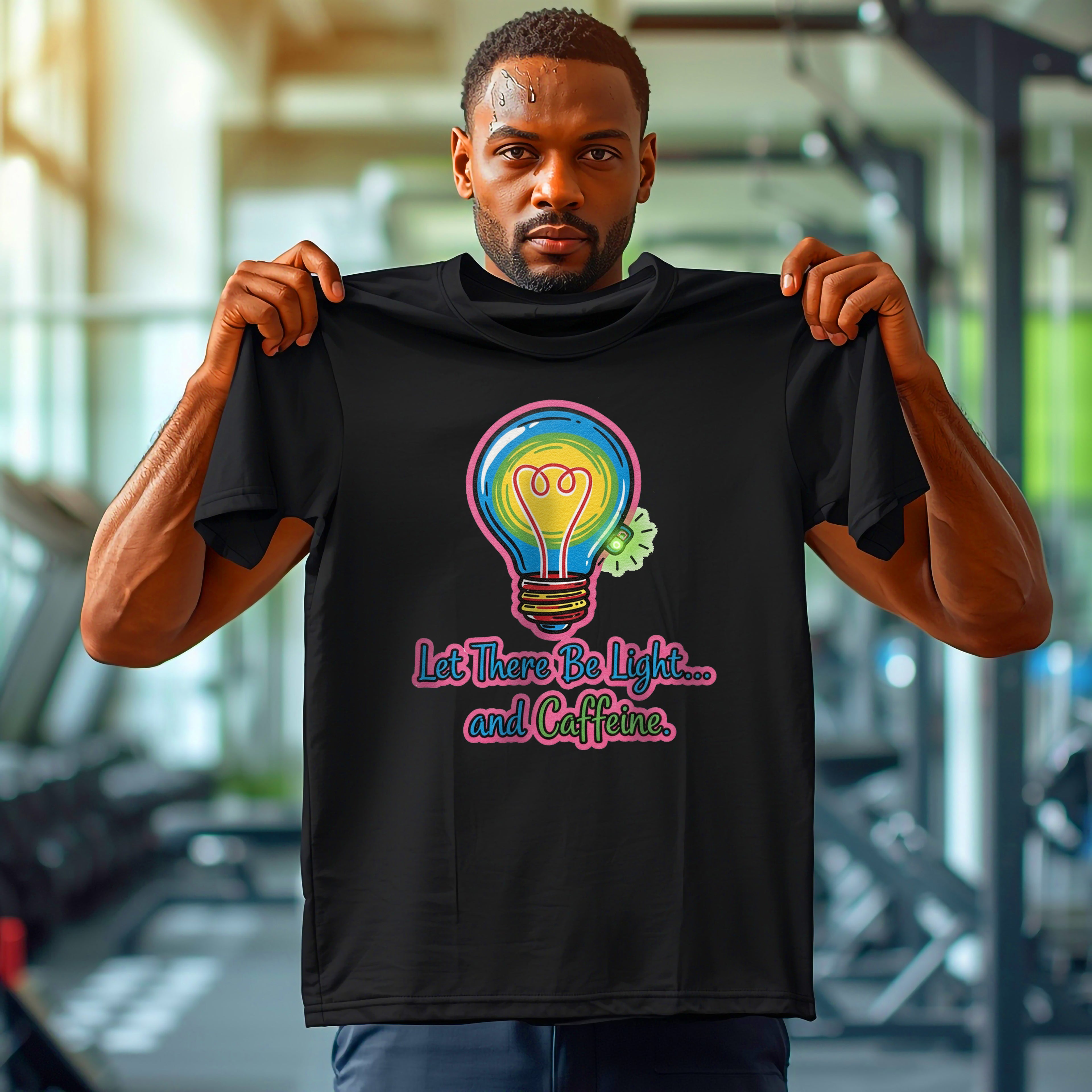 Funny Coffee T-Shirt: "Let There Be Light... and Caffeine" Graphic Tee