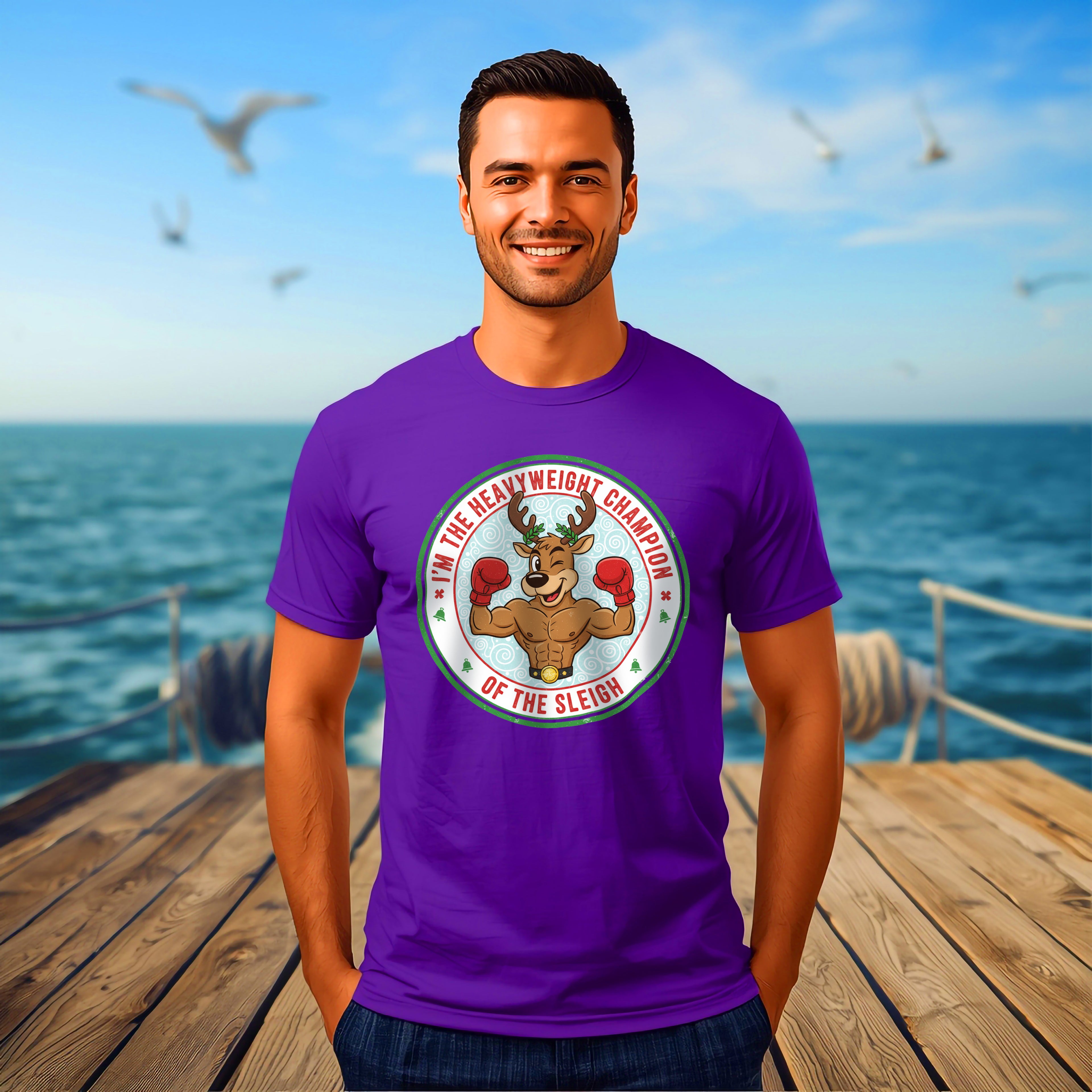 Funny Christmas T-Shirt: "Heavyweight Champion of the Sleigh" Reindeer Graphic Tee