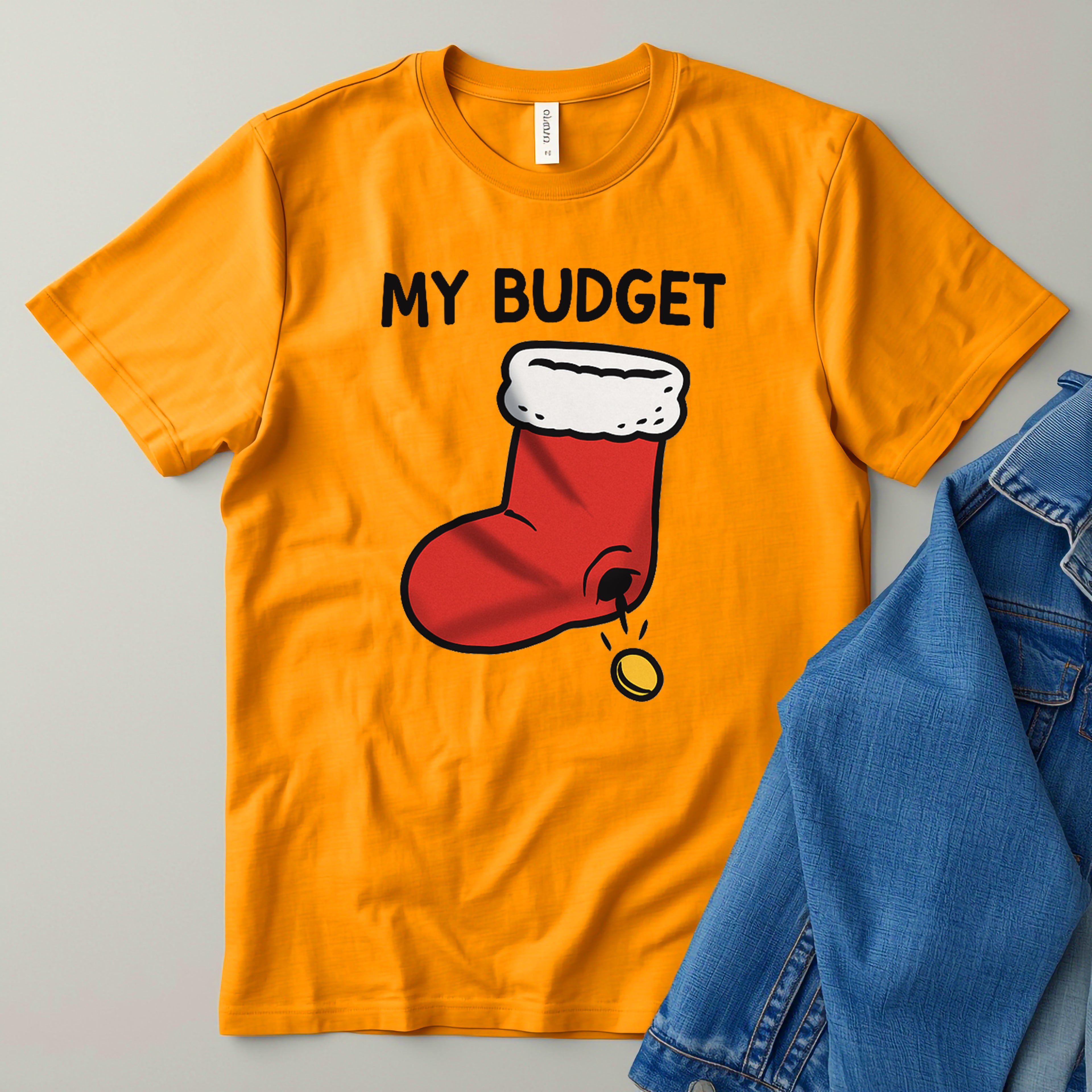 My Budget T-Shirt | Funny Christmas Stocking Graphic Tee | Holiday Finance Humor Gift | Gildan 5000