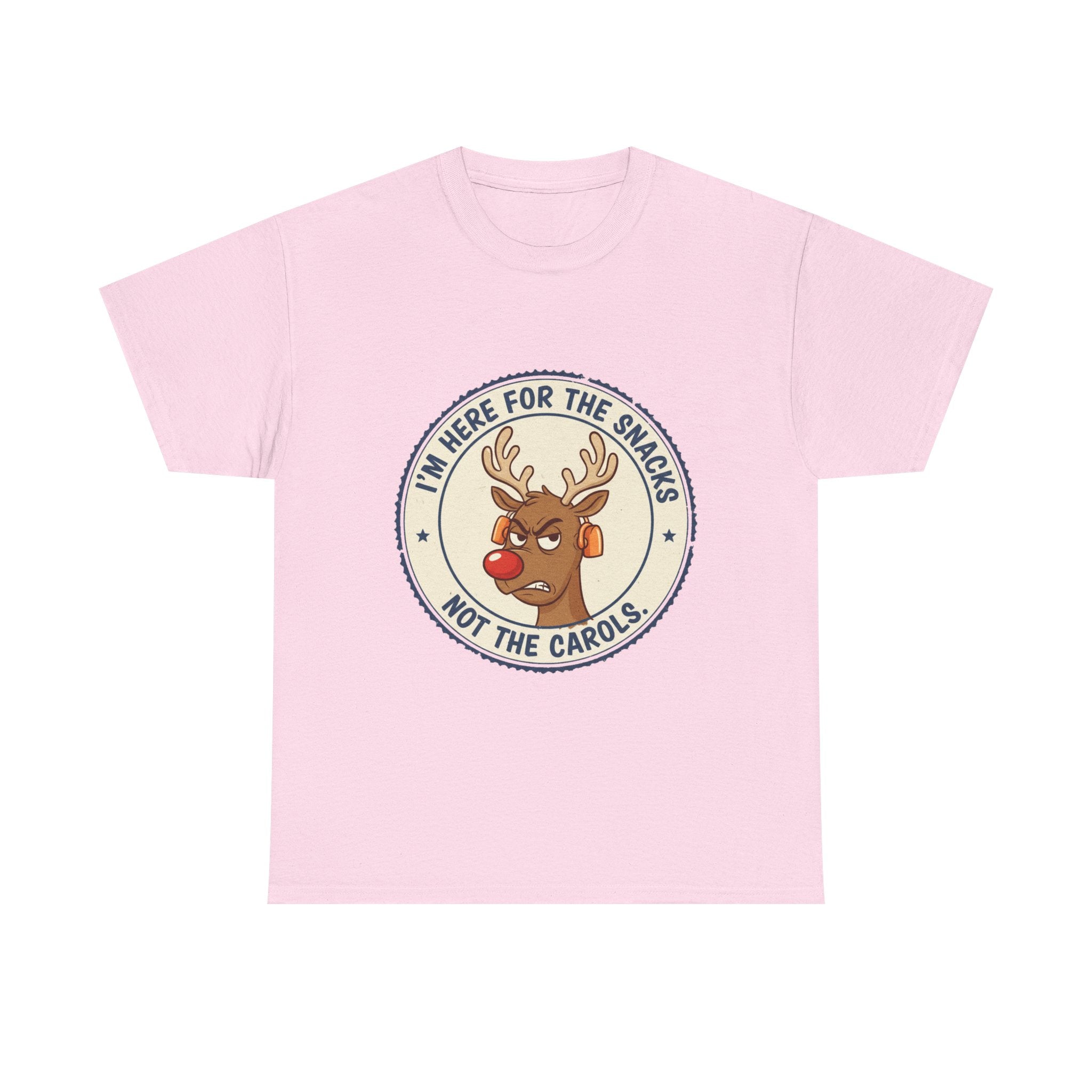 Funny Christmas Reindeer T-Shirt – “I’m Here for the Snacks, Not the Carols” Holiday Humor Tee