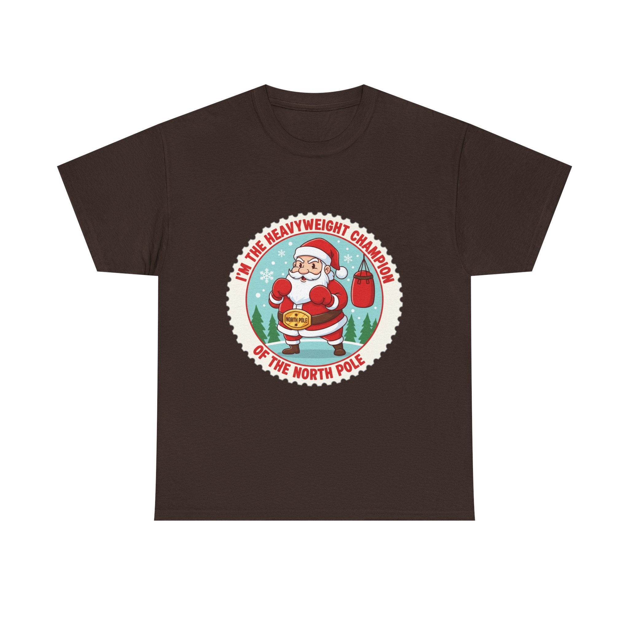 Funny Christmas T-Shirt: "Heavyweight Champion of the North Pole" Boxing Santa Graphic Tee