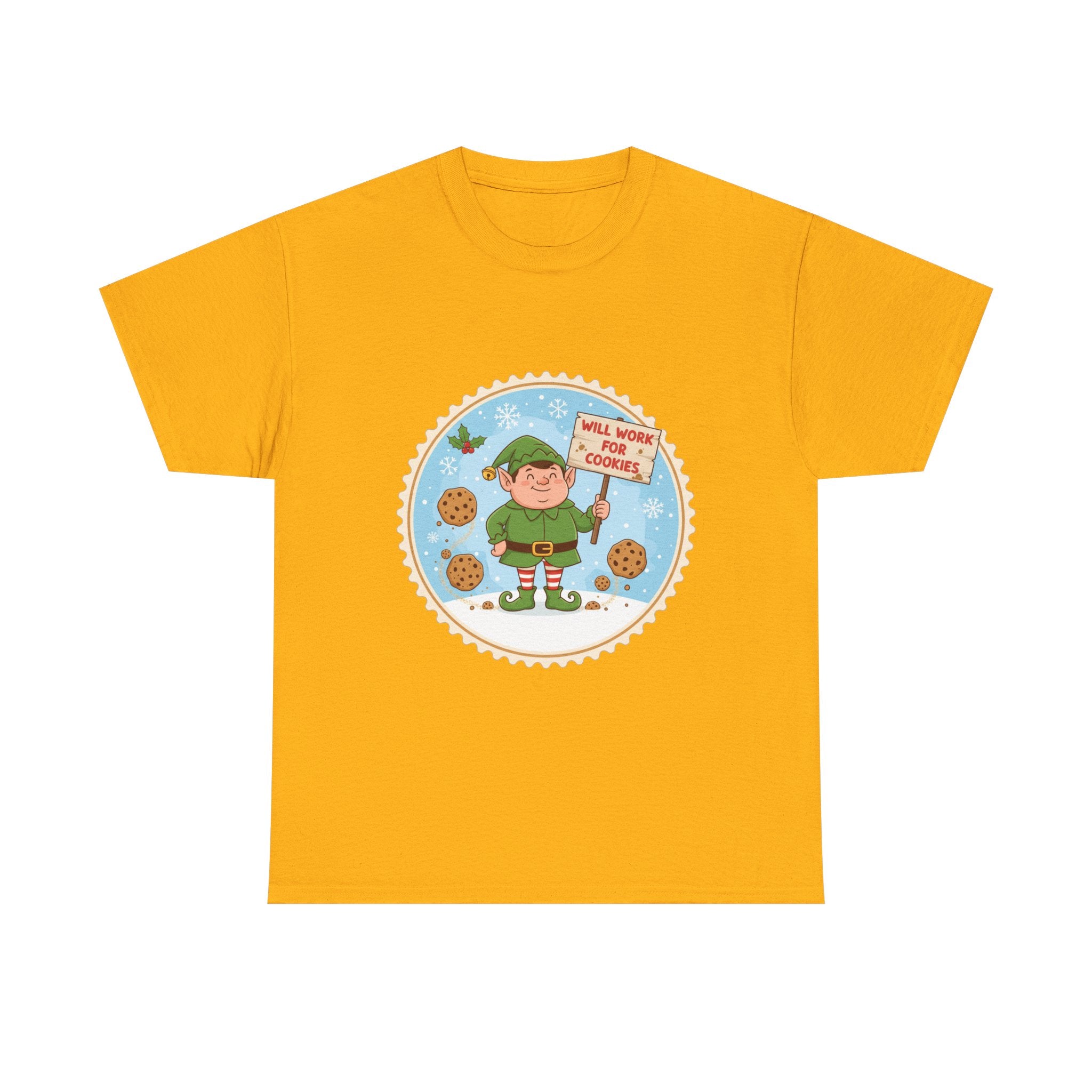 Funny Christmas T-Shirt: "Will Work for Cookies" Elf Graphic Tee