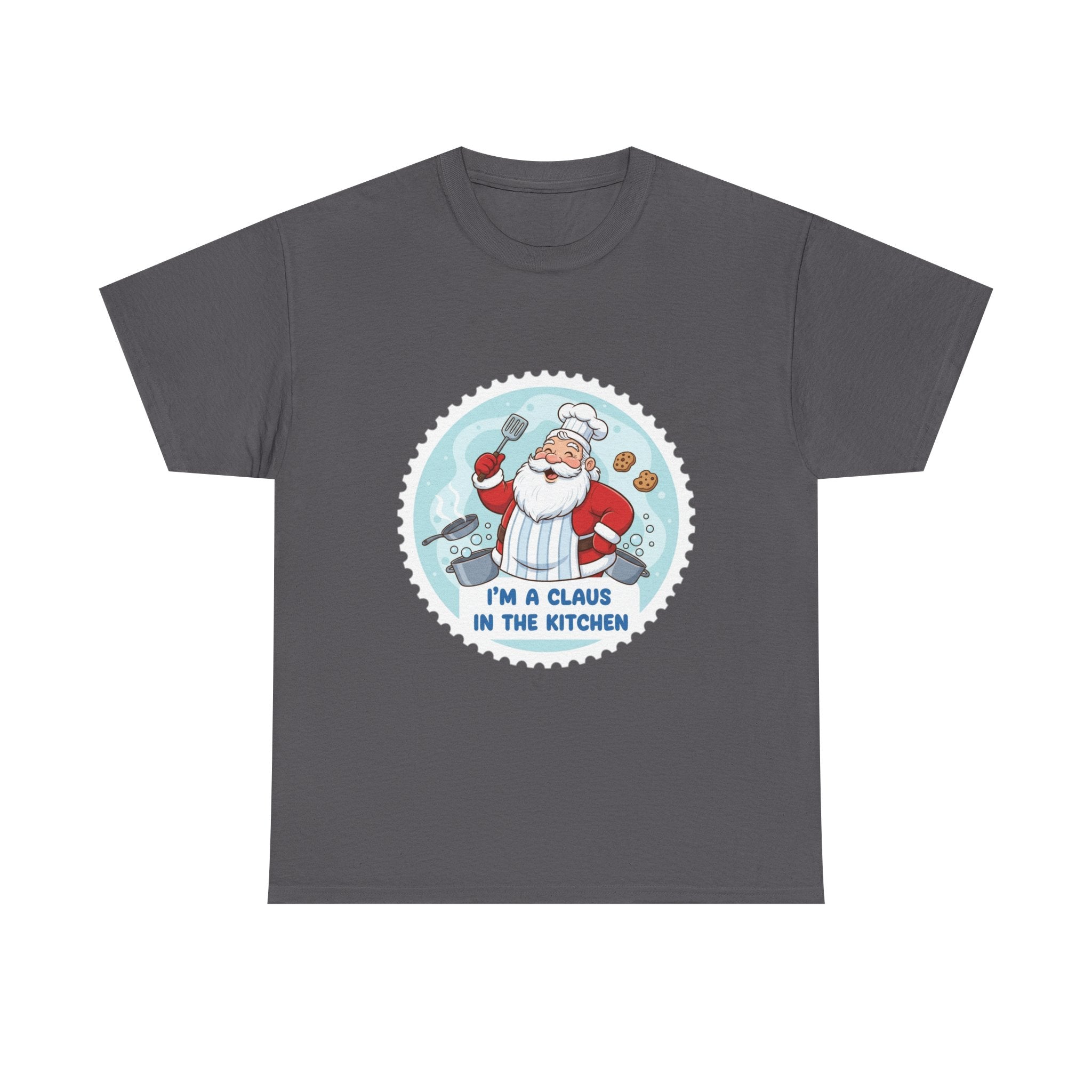 Funny Christmas T-Shirt: "Claus in the Kitchen" Chef Santa Graphic Tee