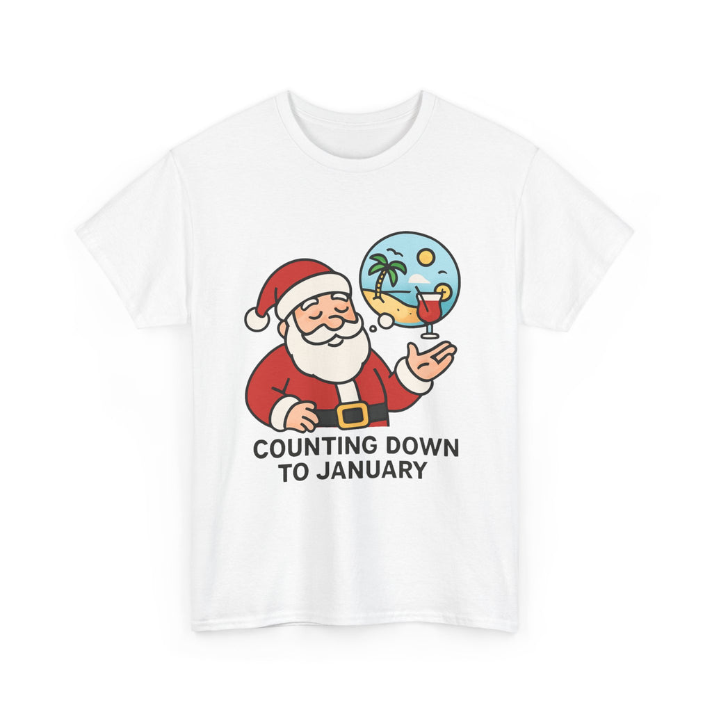 Counting Down to January T-Shirt | Funny Santa Vacation Graphic Tee | Post-Holiday Humor Gift | Gildan 5000