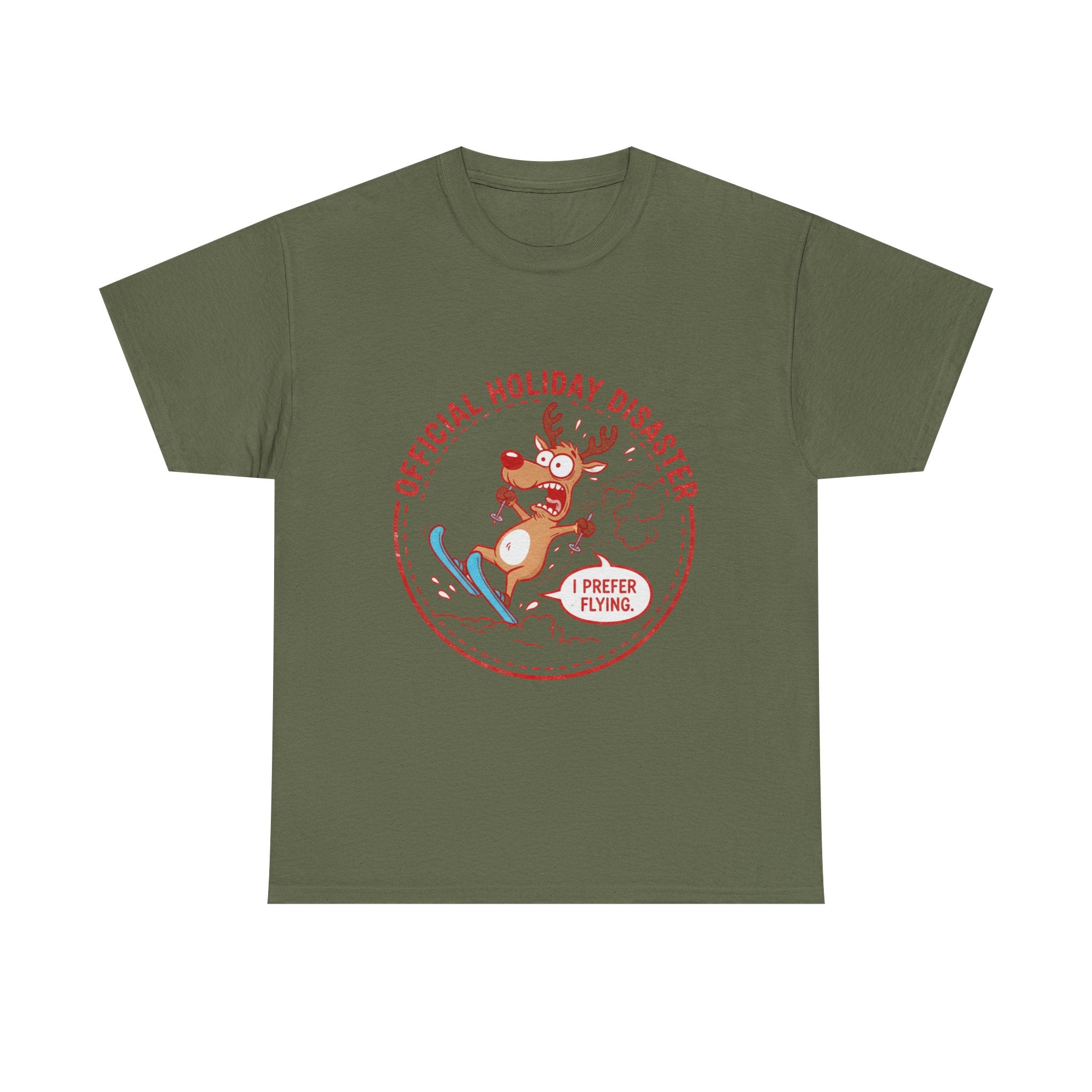 Funny Christmas T-Shirt: "Official Holiday Disaster" Skiing Reindeer Graphic Tee
