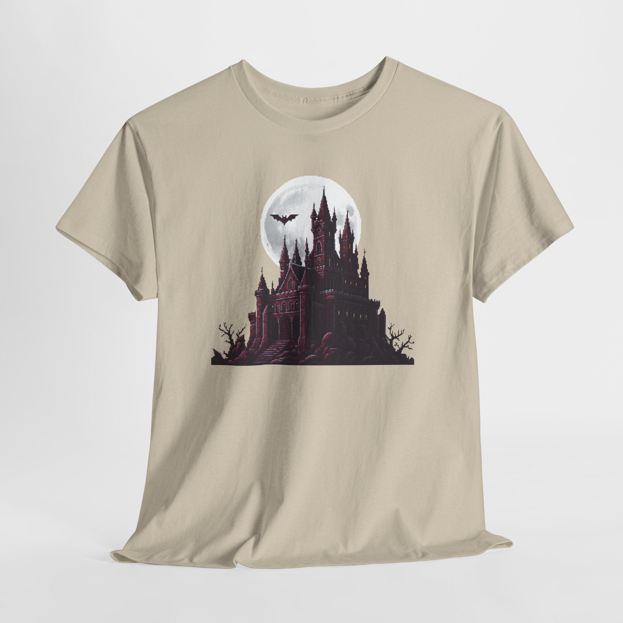 Pixel Art Vampire Castle T-Shirt | Gothic Horror Graphic Tee | Retro Castlevania Style Shirt | Full Moon Bat Gift | Gildan 5000
