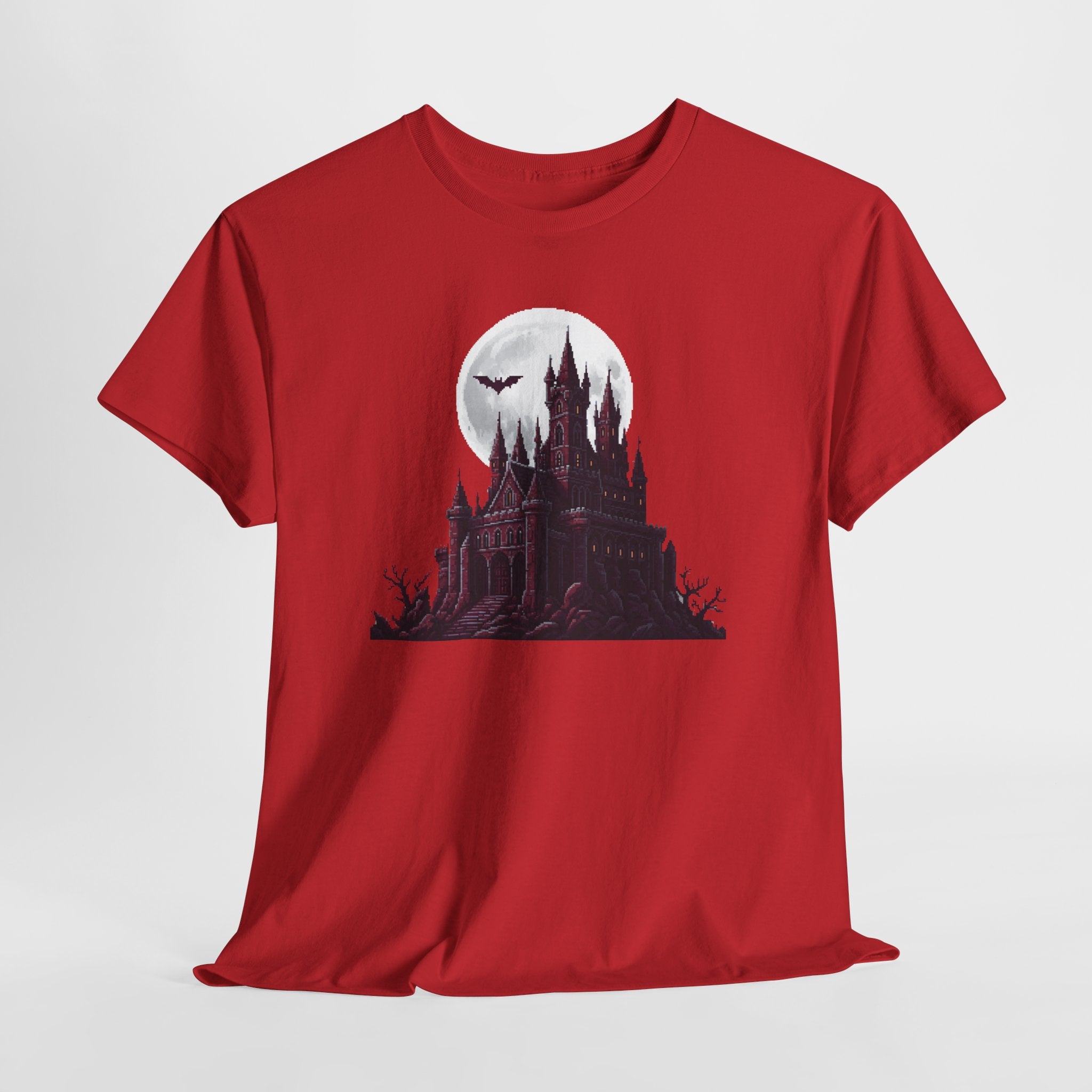 Pixel Art Vampire Castle T-Shirt | Gothic Horror Graphic Tee | Retro Castlevania Style Shirt | Full Moon Bat Gift | Gildan 5000