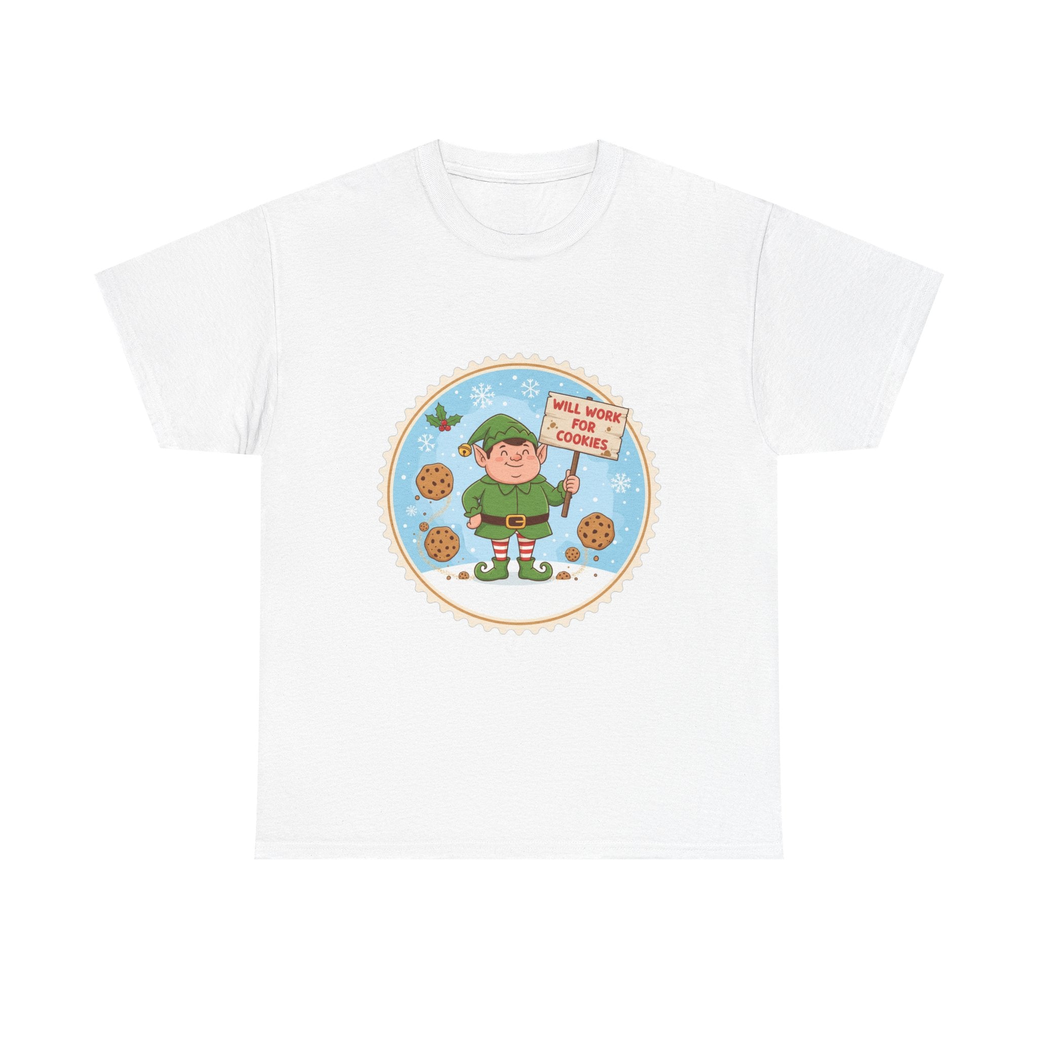Funny Christmas T-Shirt: "Will Work for Cookies" Elf Graphic Tee
