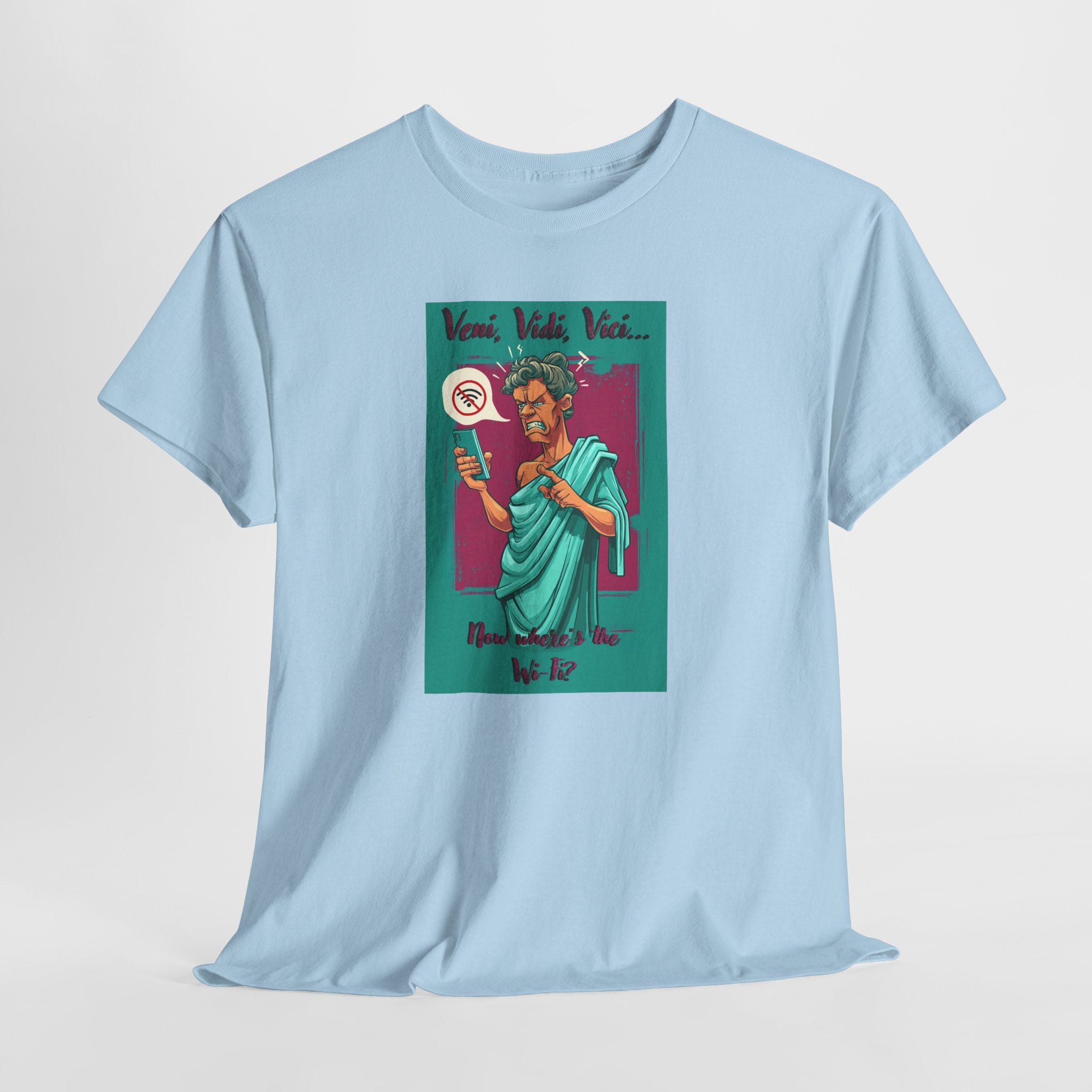 Veni Vidi Wi-Fi T-Shirt | Funny Caesar Graphic Tee | Roman History Humor Shirt | No Signal Meme Apparel | Gildan 5000