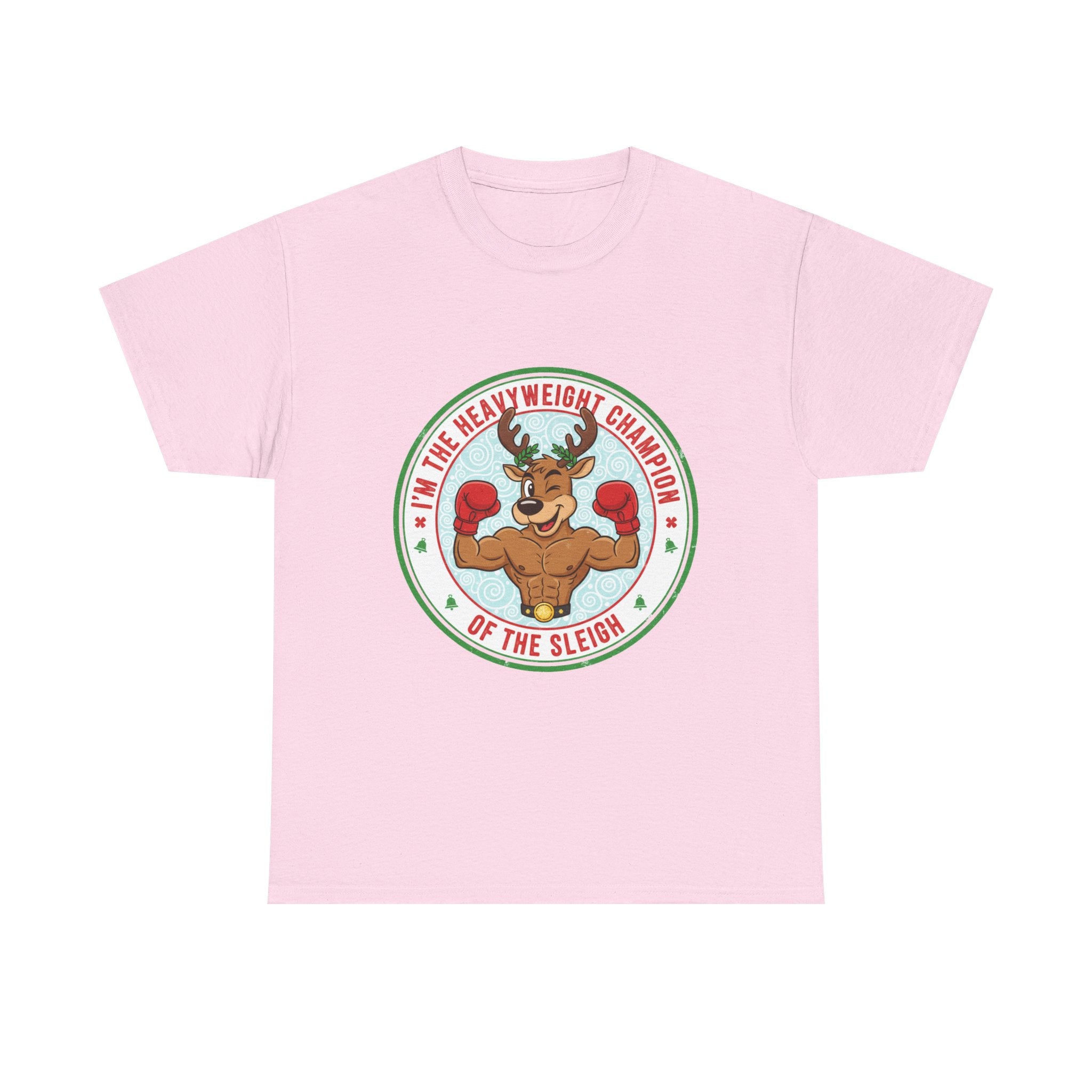 Funny Christmas T-Shirt: "Heavyweight Champion of the Sleigh" Reindeer Graphic Tee