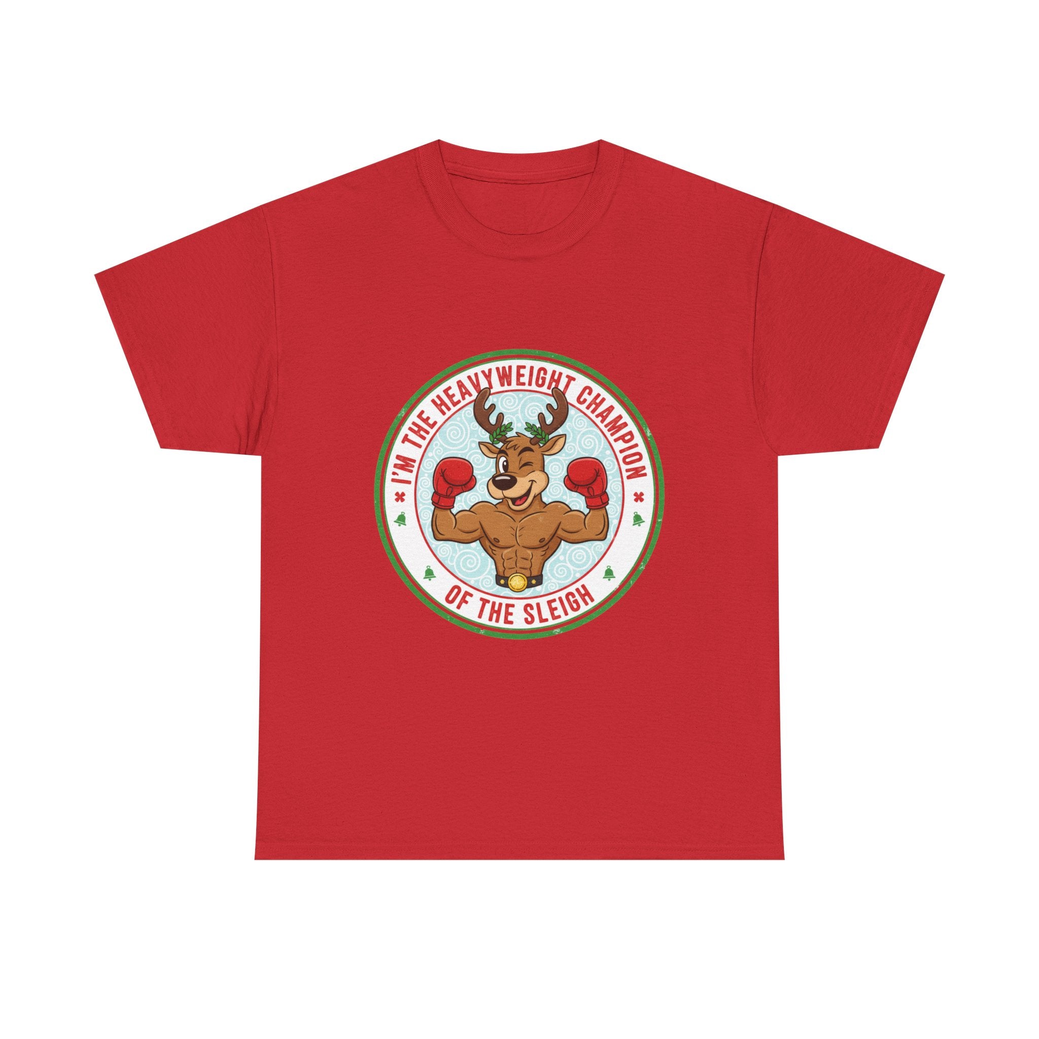 Funny Christmas T-Shirt: "Heavyweight Champion of the Sleigh" Reindeer Graphic Tee