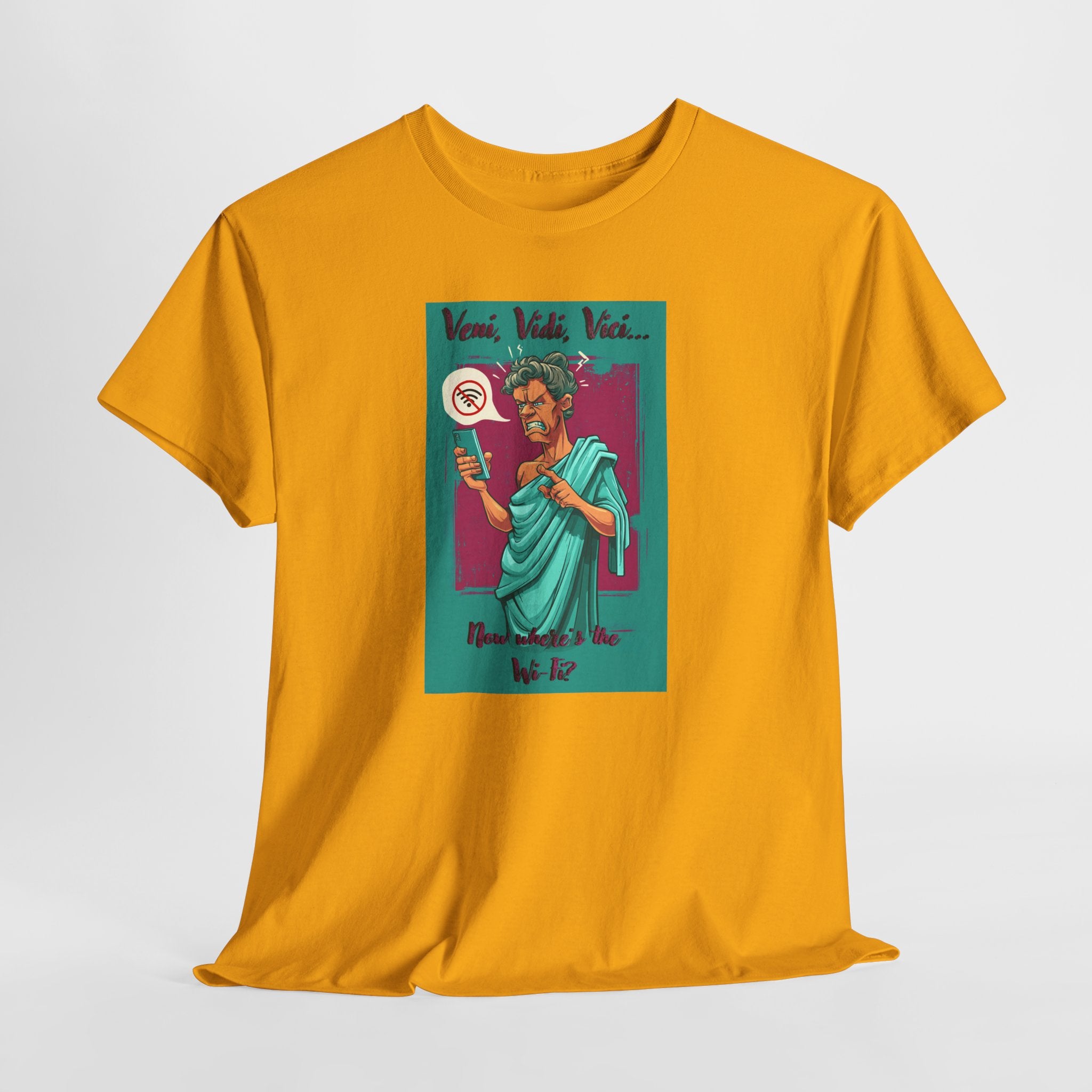 Veni Vidi Wi-Fi T-Shirt | Funny Caesar Graphic Tee | Roman History Humor Shirt | No Signal Meme Apparel | Gildan 5000