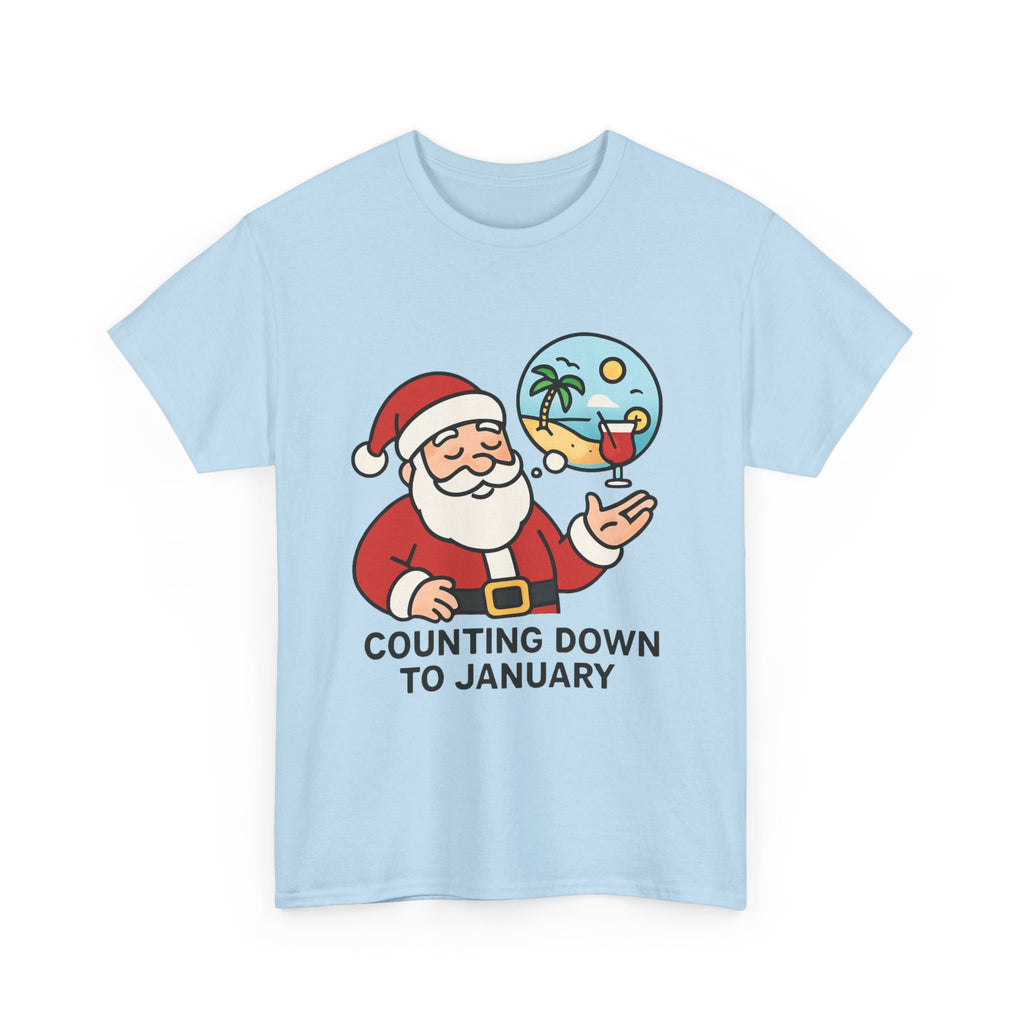 Counting Down to January T-Shirt | Funny Santa Vacation Graphic Tee | Post-Holiday Humor Gift | Gildan 5000