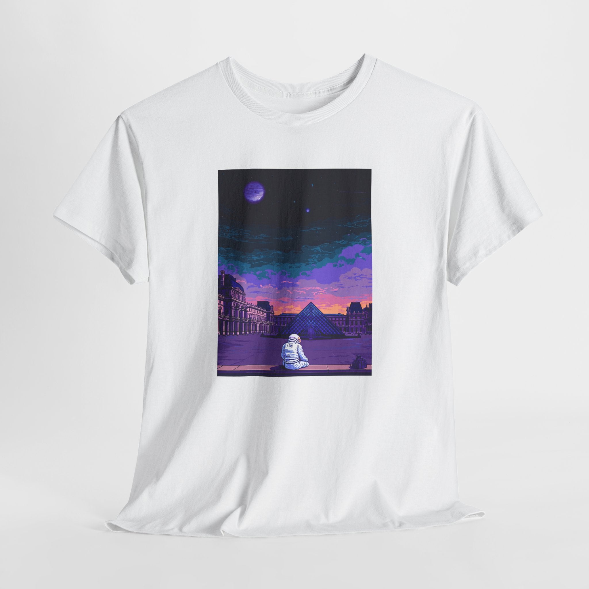 Pixel Art Astronaut T-Shirt | Vaporwave Louvre Pyramid Tee | Retro Synthwave Aesthetic Shirt | Space Traveler Gift | Gildan 5000