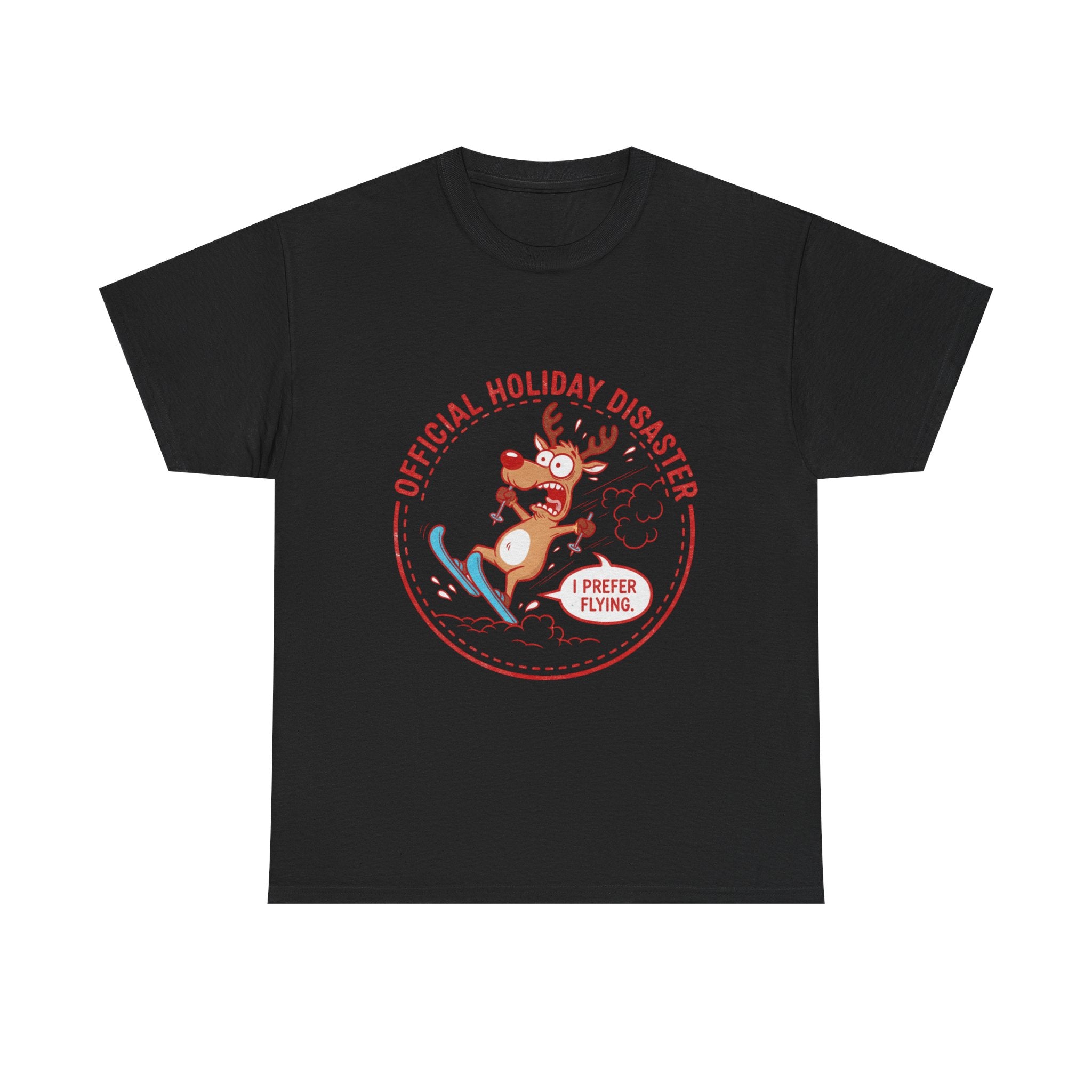 Funny Christmas T-Shirt: "Official Holiday Disaster" Skiing Reindeer Graphic Tee