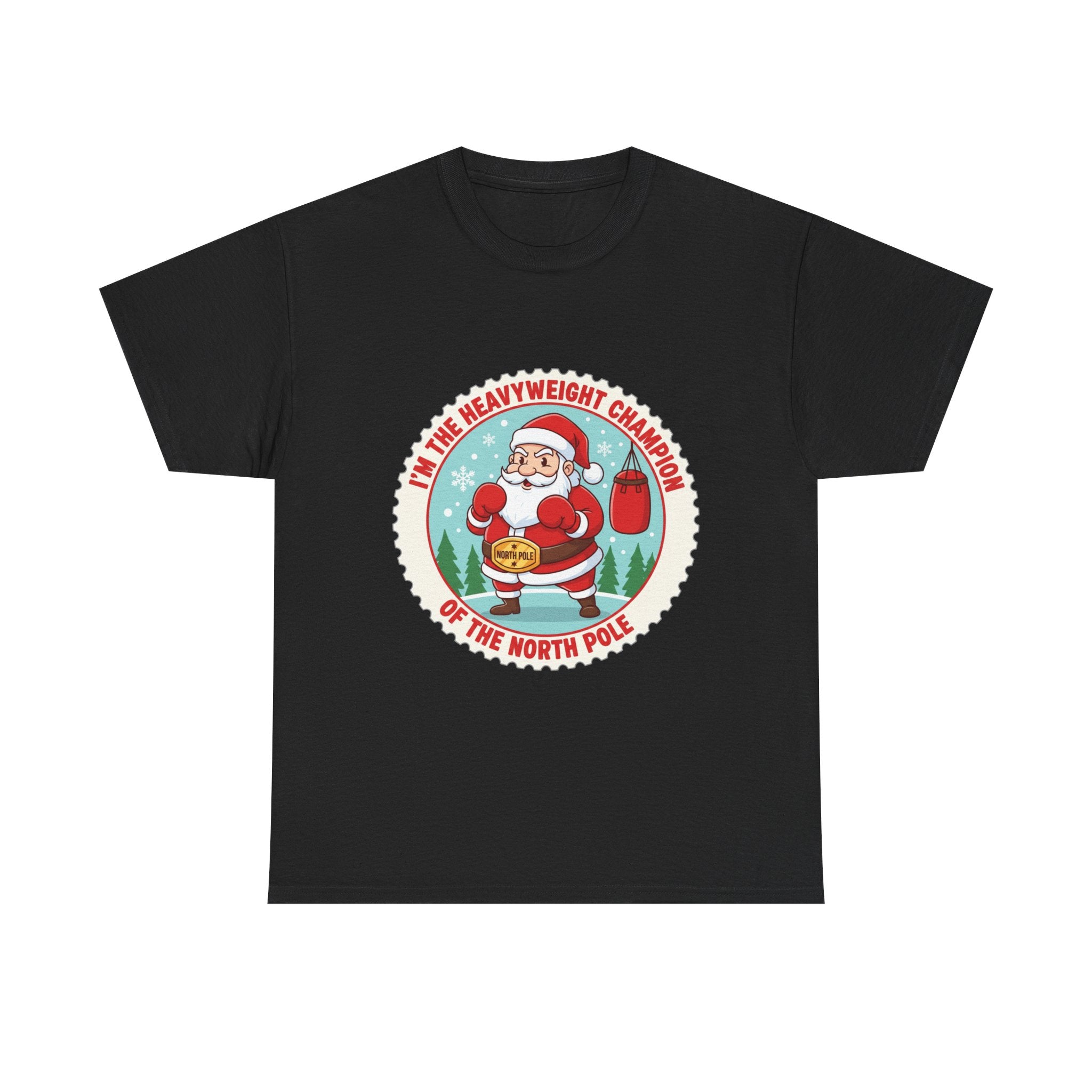 Funny Christmas T-Shirt: "Heavyweight Champion of the North Pole" Boxing Santa Graphic Tee