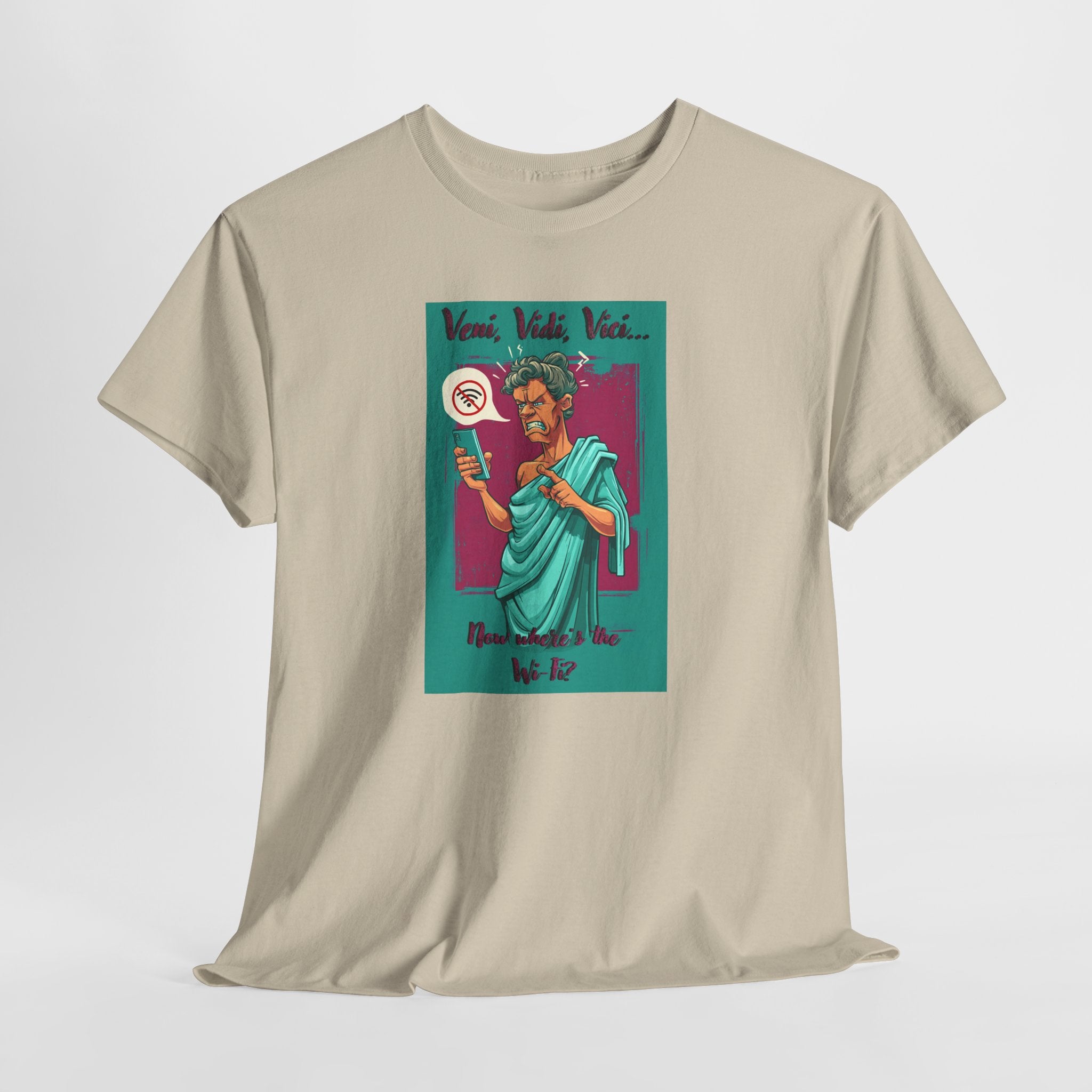 Veni Vidi Wi-Fi T-Shirt | Funny Caesar Graphic Tee | Roman History Humor Shirt | No Signal Meme Apparel | Gildan 5000