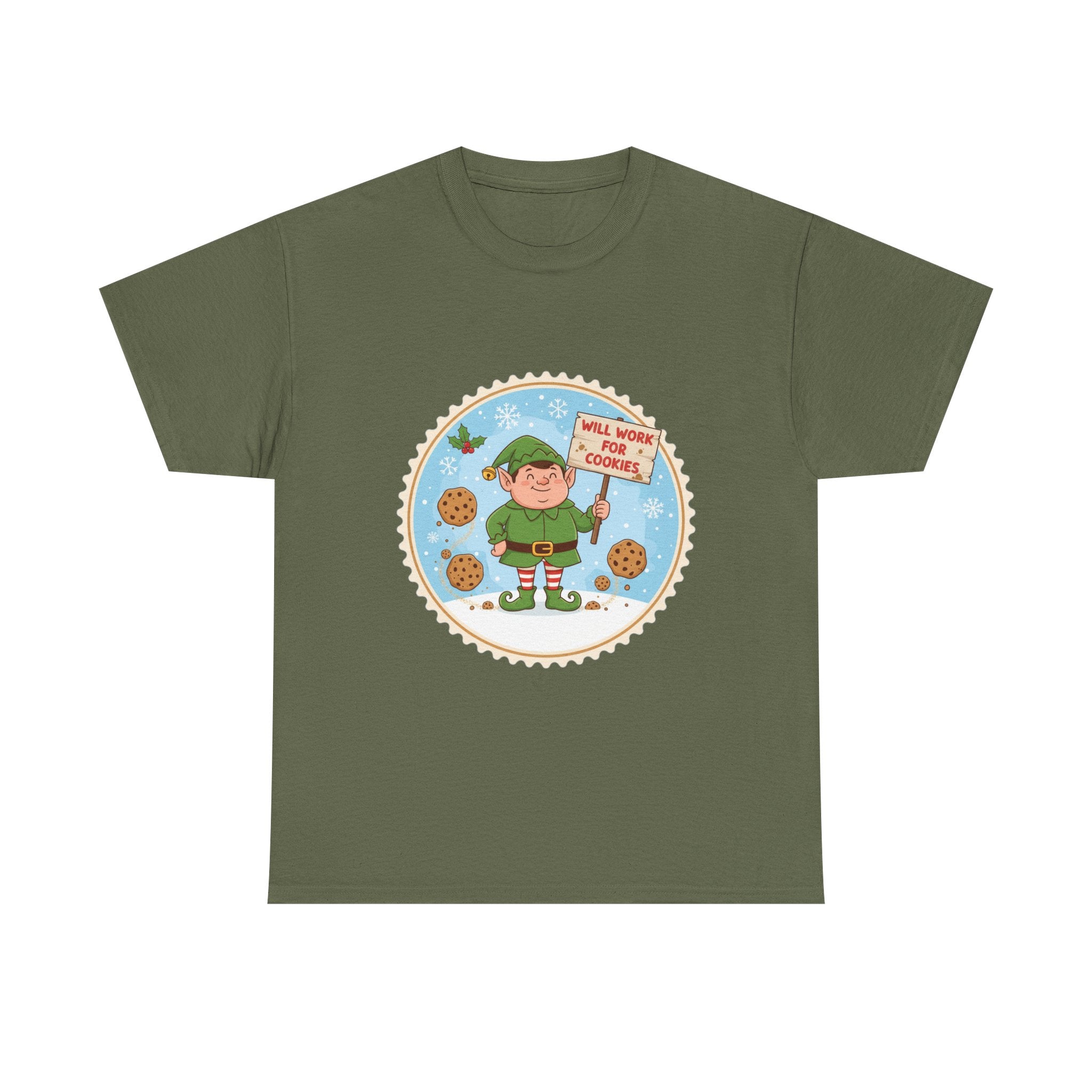 Funny Christmas T-Shirt: "Will Work for Cookies" Elf Graphic Tee