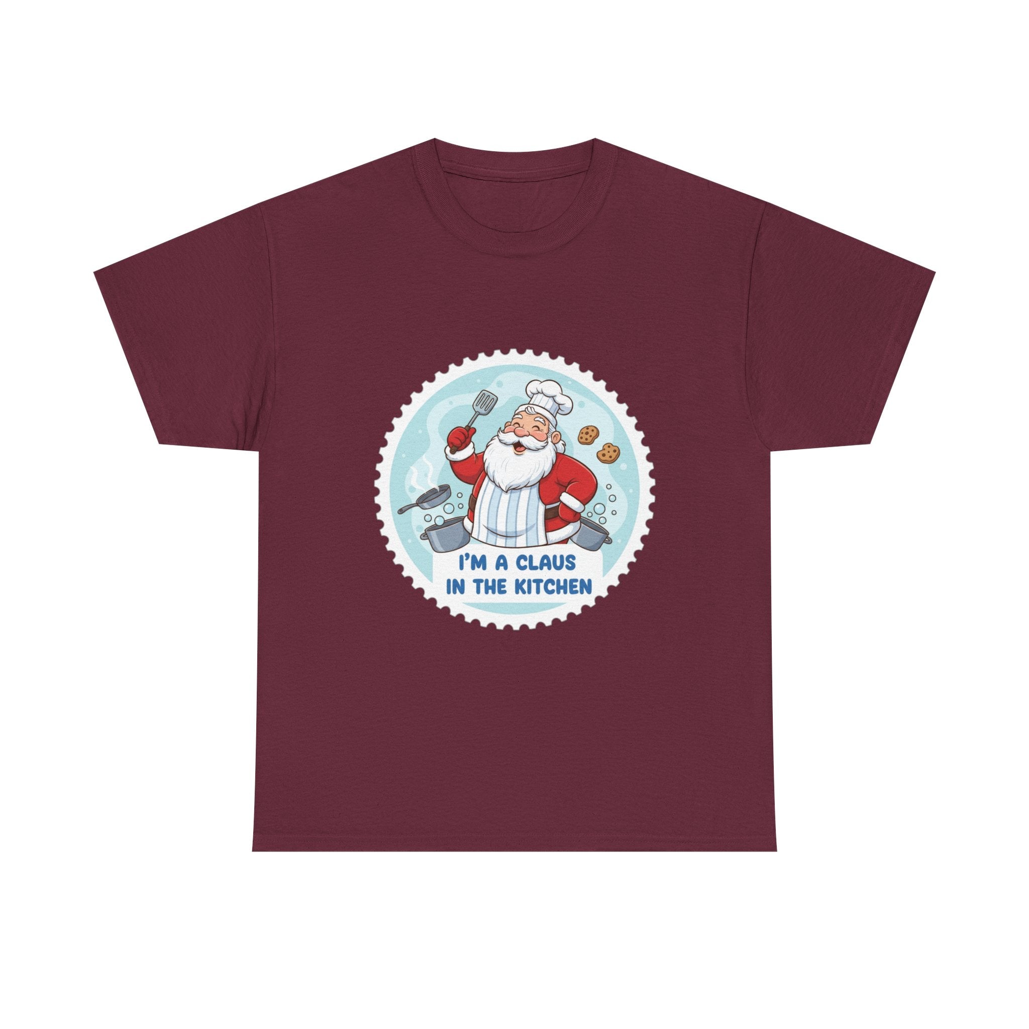 Funny Christmas T-Shirt: "Claus in the Kitchen" Chef Santa Graphic Tee