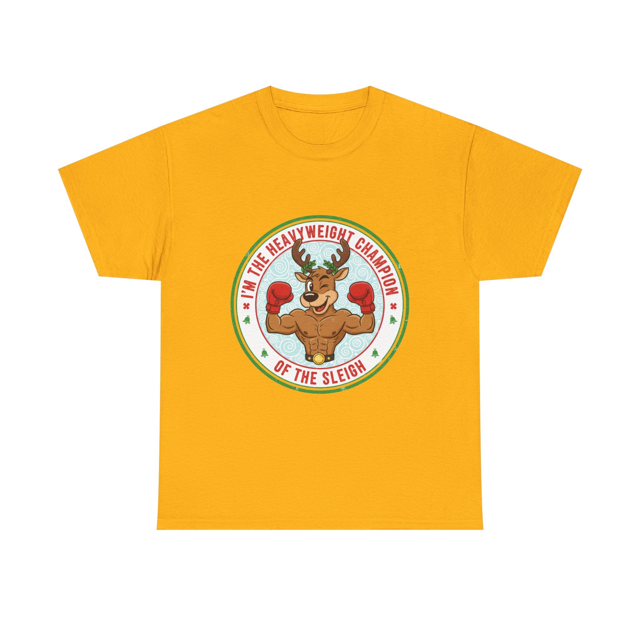 Funny Christmas T-Shirt: "Heavyweight Champion of the Sleigh" Reindeer Graphic Tee