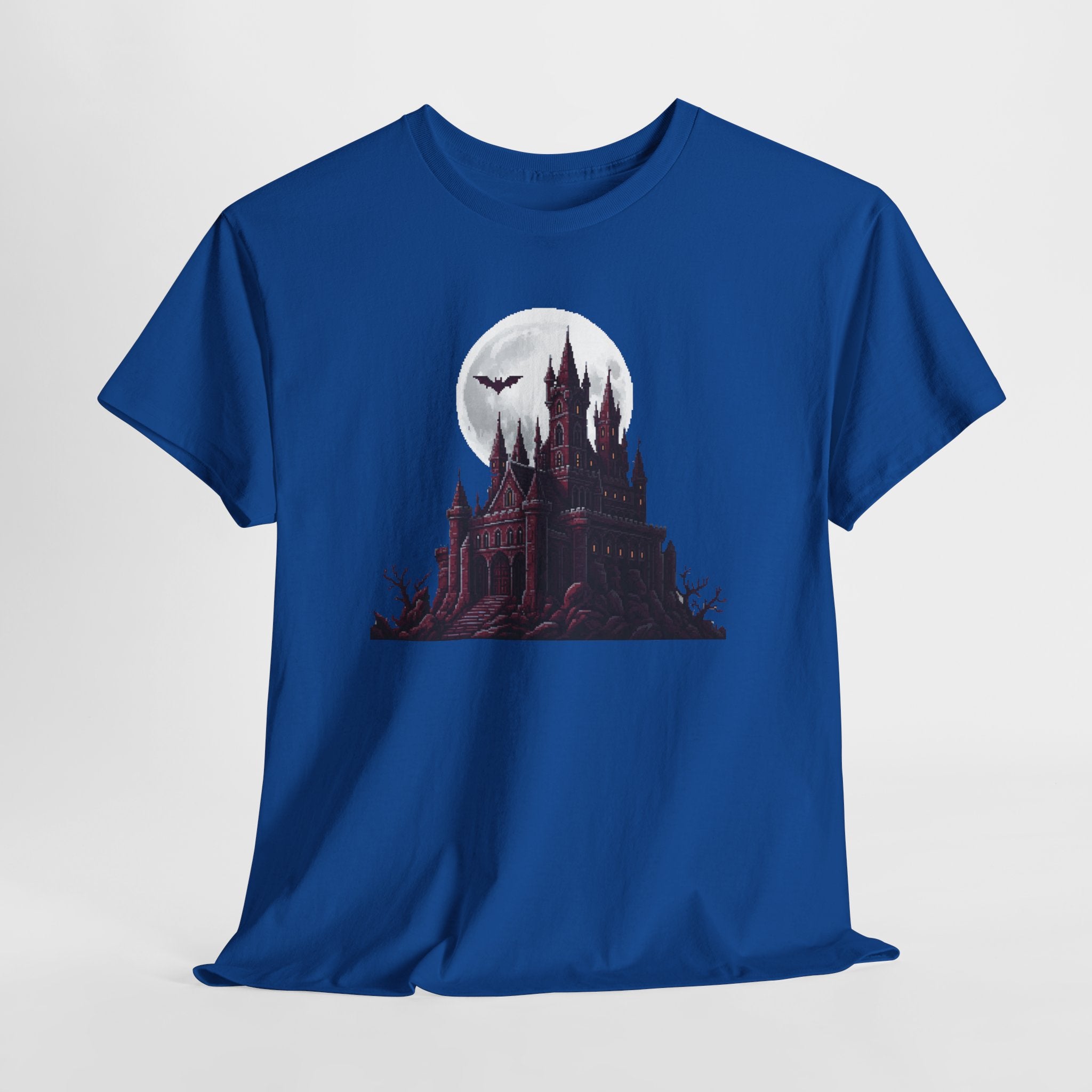 Pixel Art Vampire Castle T-Shirt | Gothic Horror Graphic Tee | Retro Castlevania Style Shirt | Full Moon Bat Gift | Gildan 5000