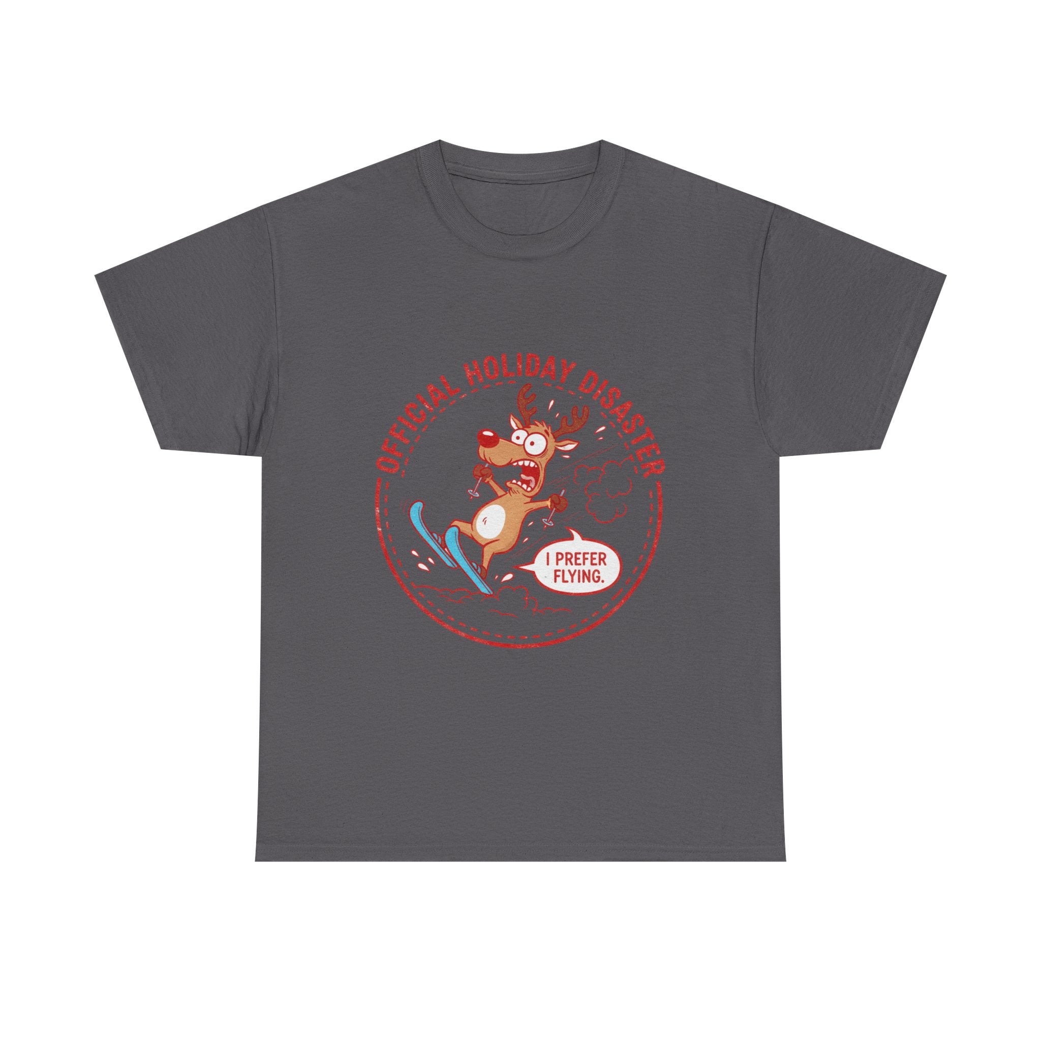 Funny Christmas T-Shirt: "Official Holiday Disaster" Skiing Reindeer Graphic Tee