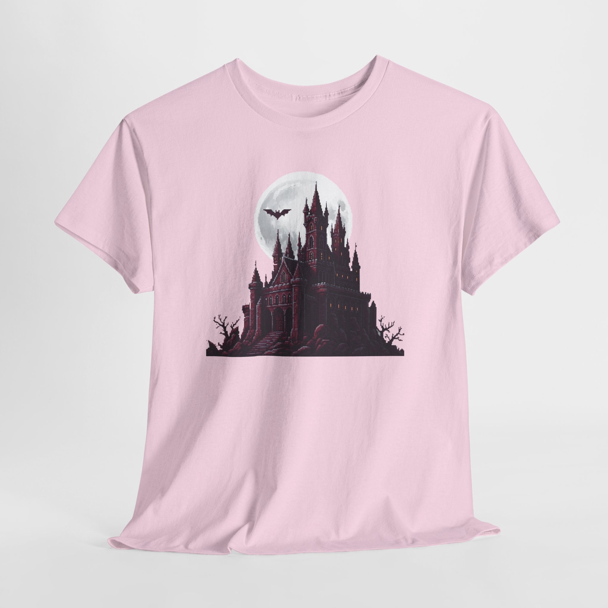 Pixel Art Vampire Castle T-Shirt | Gothic Horror Graphic Tee | Retro Castlevania Style Shirt | Full Moon Bat Gift | Gildan 5000