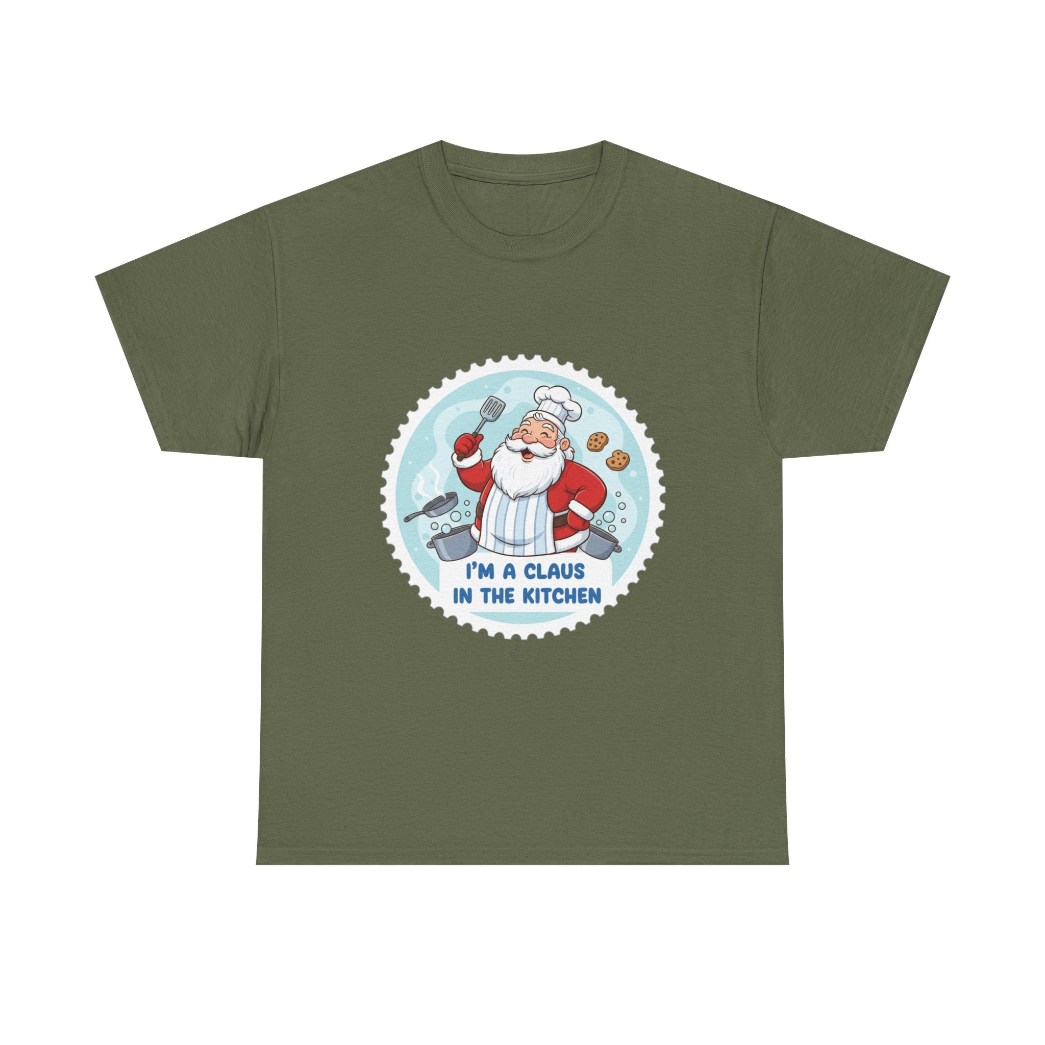 Funny Christmas T-Shirt: "Claus in the Kitchen" Chef Santa Graphic Tee