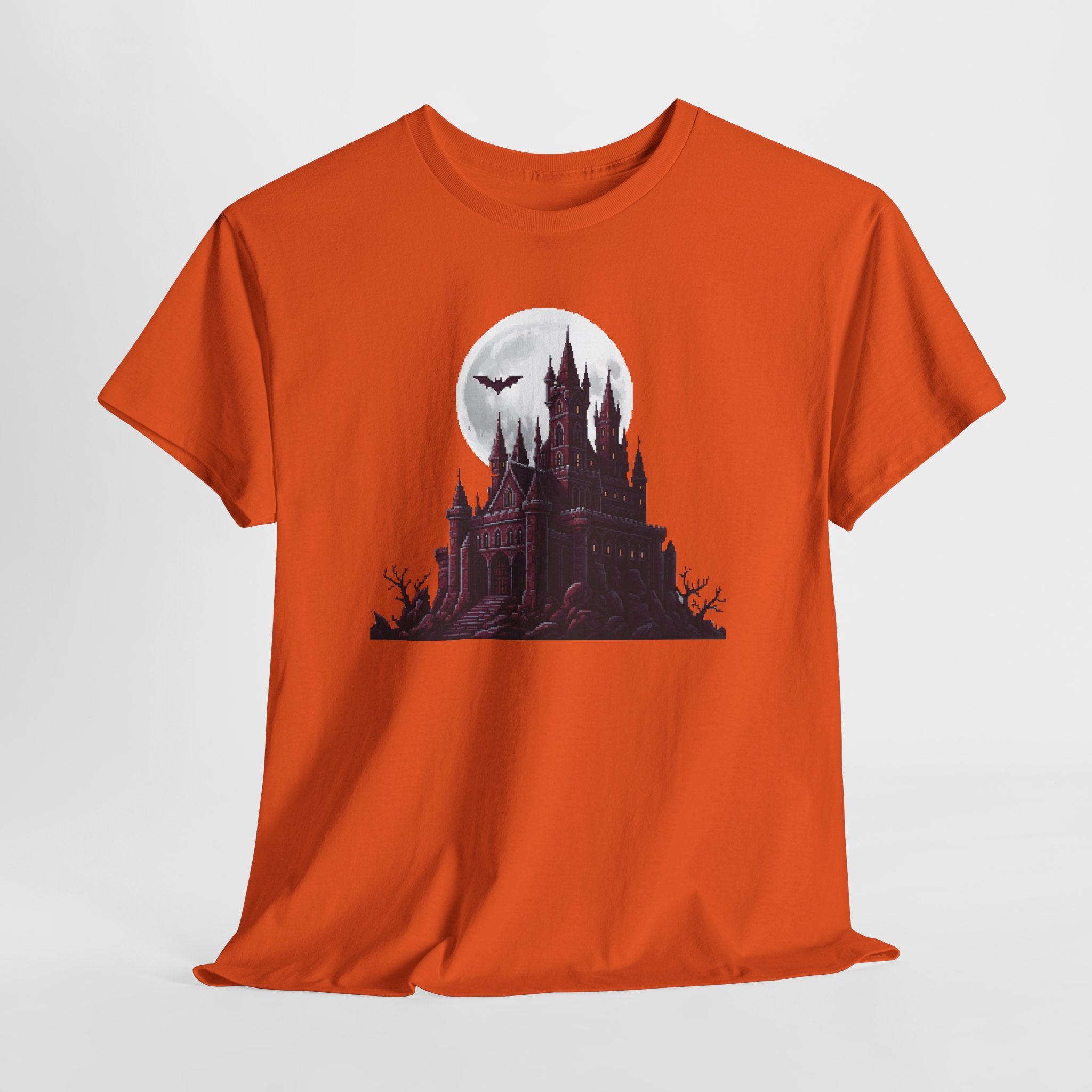 Pixel Art Vampire Castle T-Shirt | Gothic Horror Graphic Tee | Retro Castlevania Style Shirt | Full Moon Bat Gift | Gildan 5000