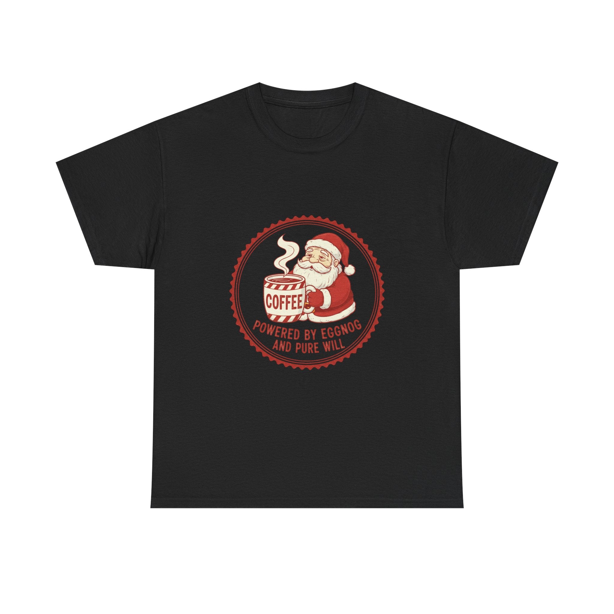 Funny Christmas T-Shirt: "Powered by Eggnog and Pure Will" Santa Coffee Graphic Tee