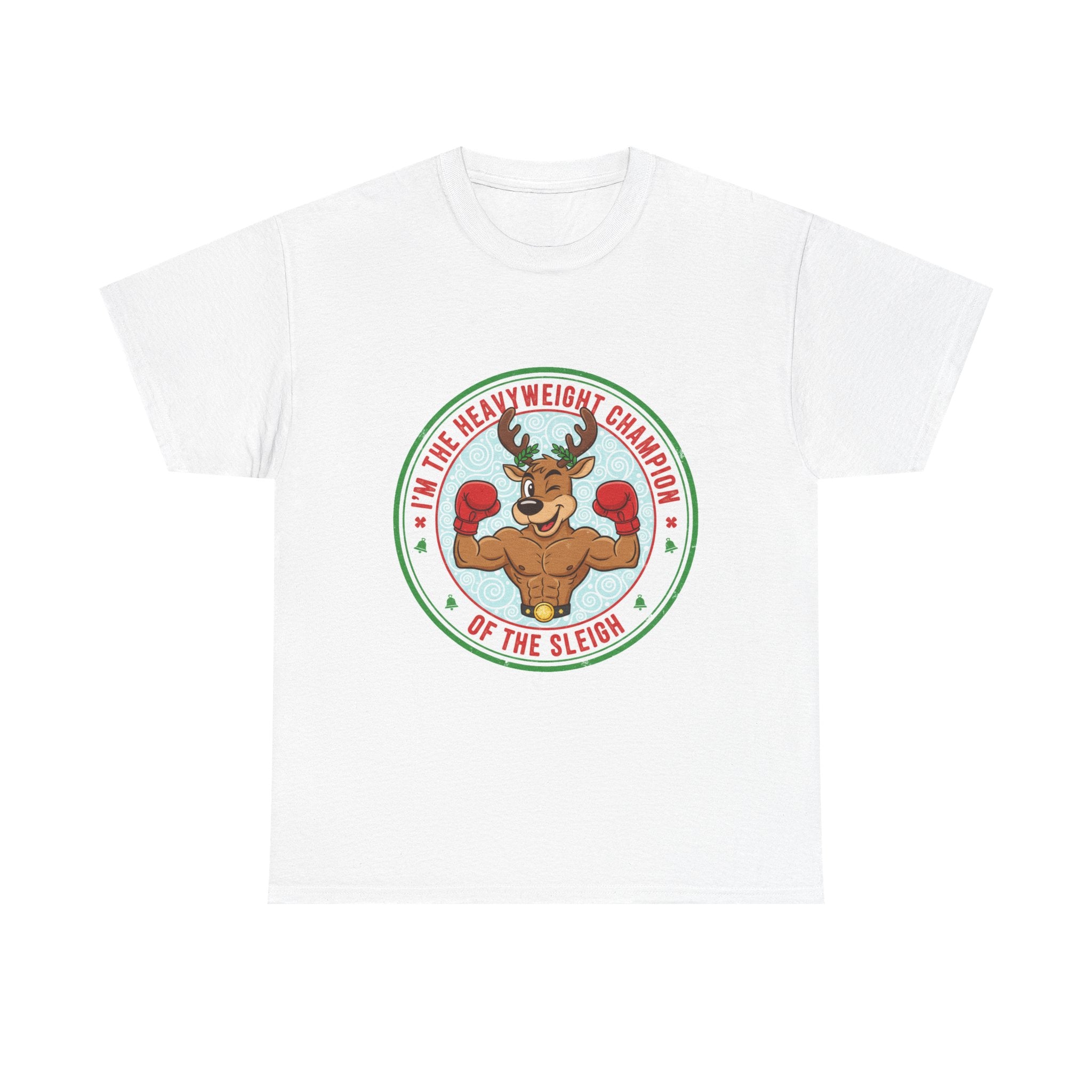 Funny Christmas T-Shirt: "Heavyweight Champion of the Sleigh" Reindeer Graphic Tee