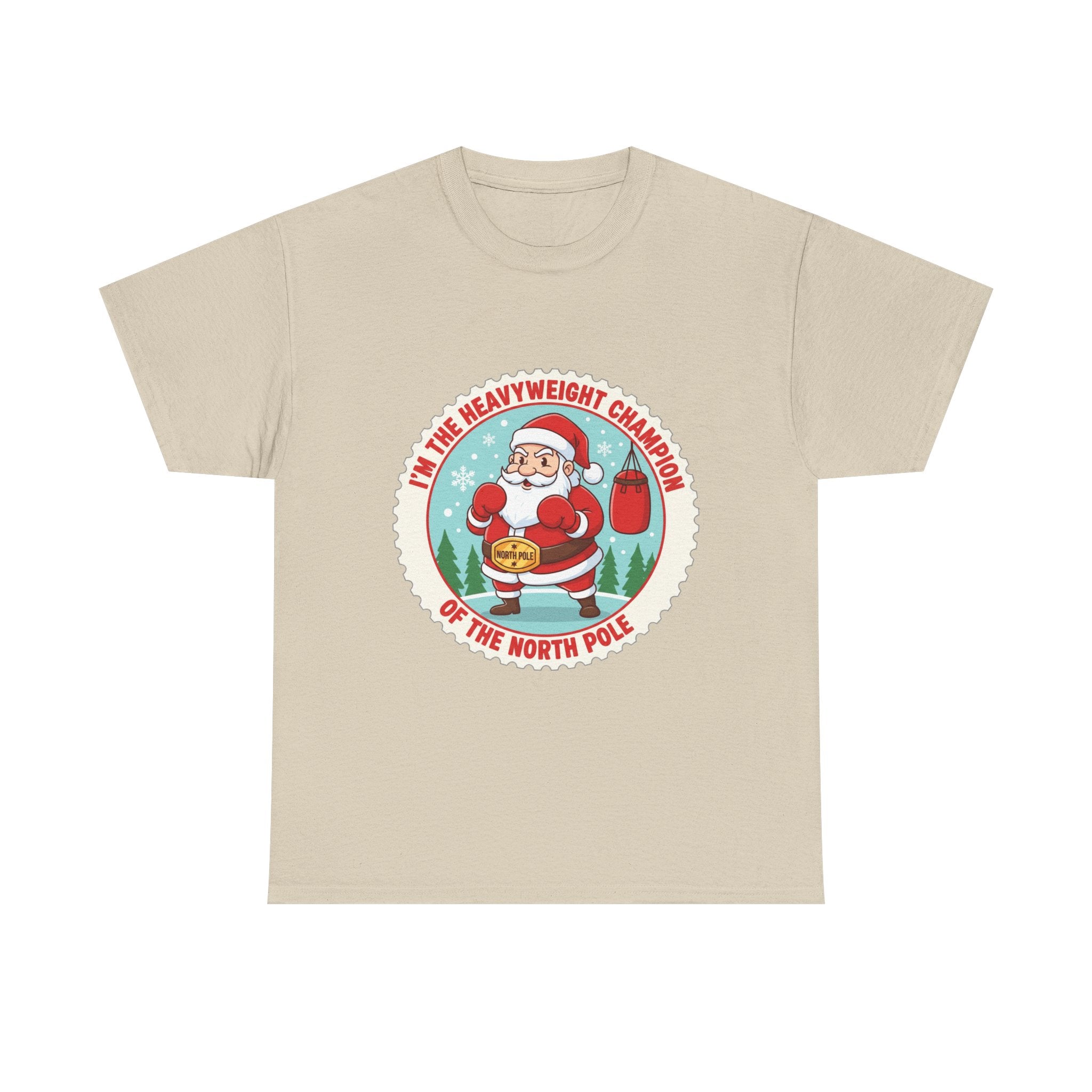 Funny Christmas T-Shirt: "Heavyweight Champion of the North Pole" Boxing Santa Graphic Tee