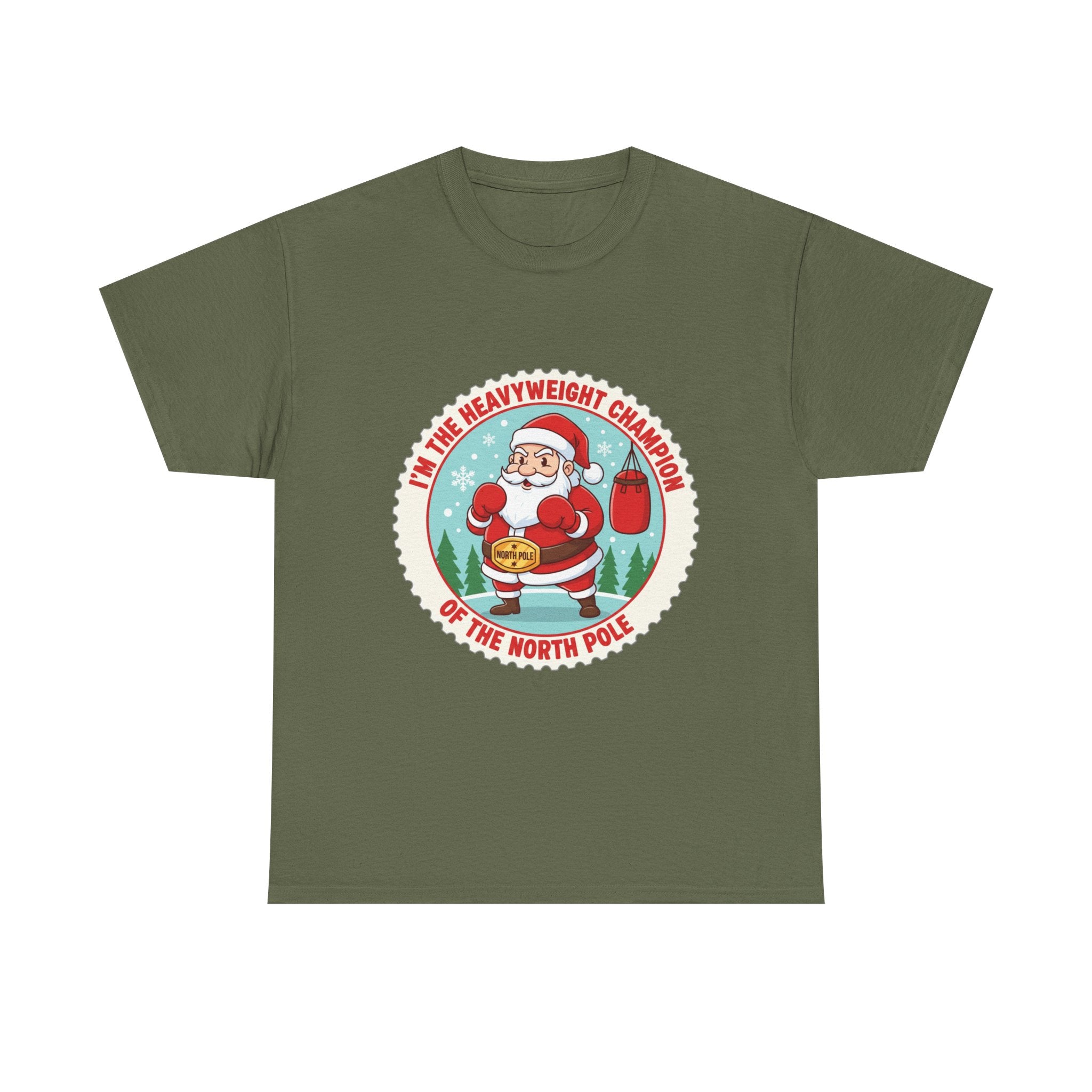 Funny Christmas T-Shirt: "Heavyweight Champion of the North Pole" Boxing Santa Graphic Tee
