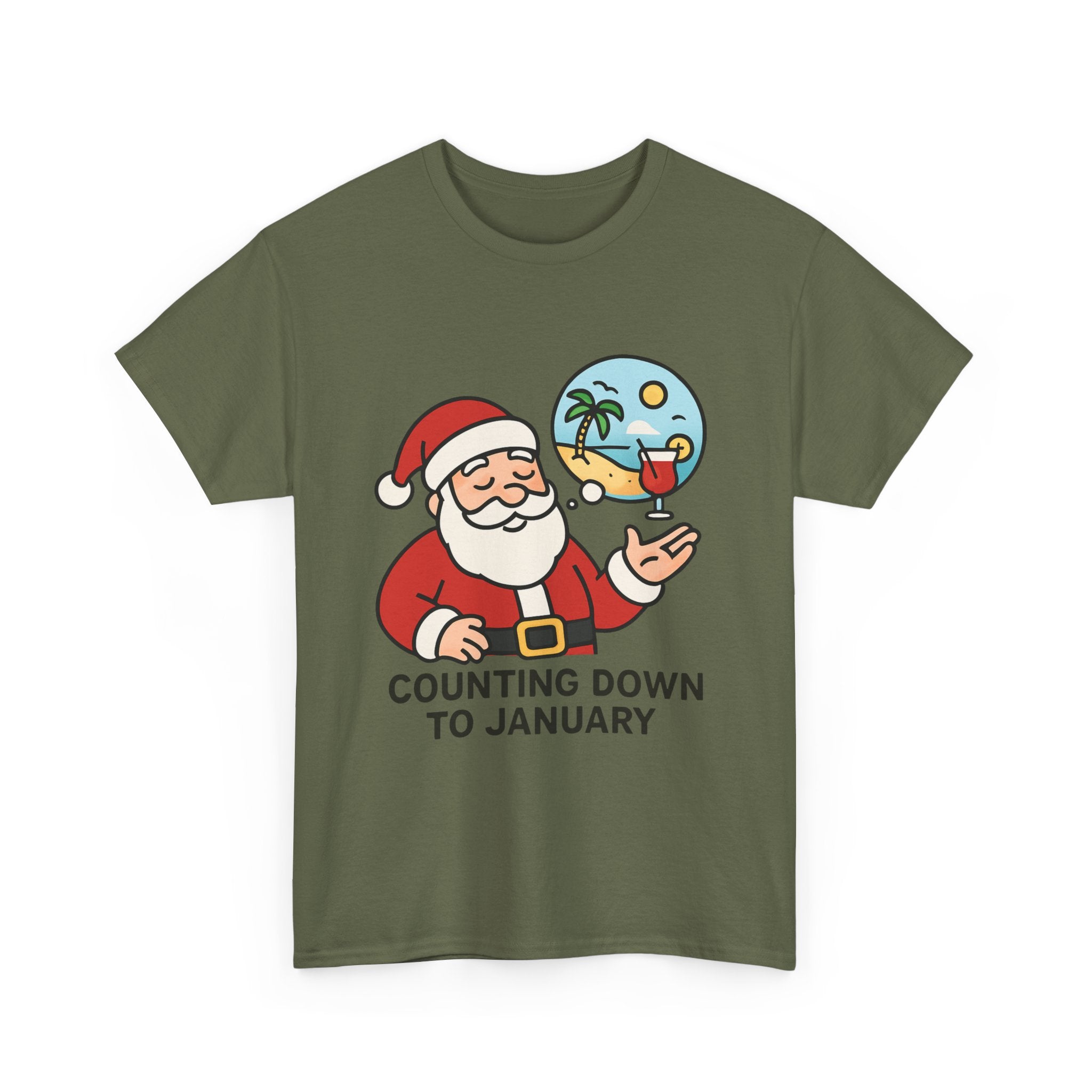 Counting Down to January T-Shirt | Funny Santa Vacation Graphic Tee | Post-Holiday Humor Gift | Gildan 5000