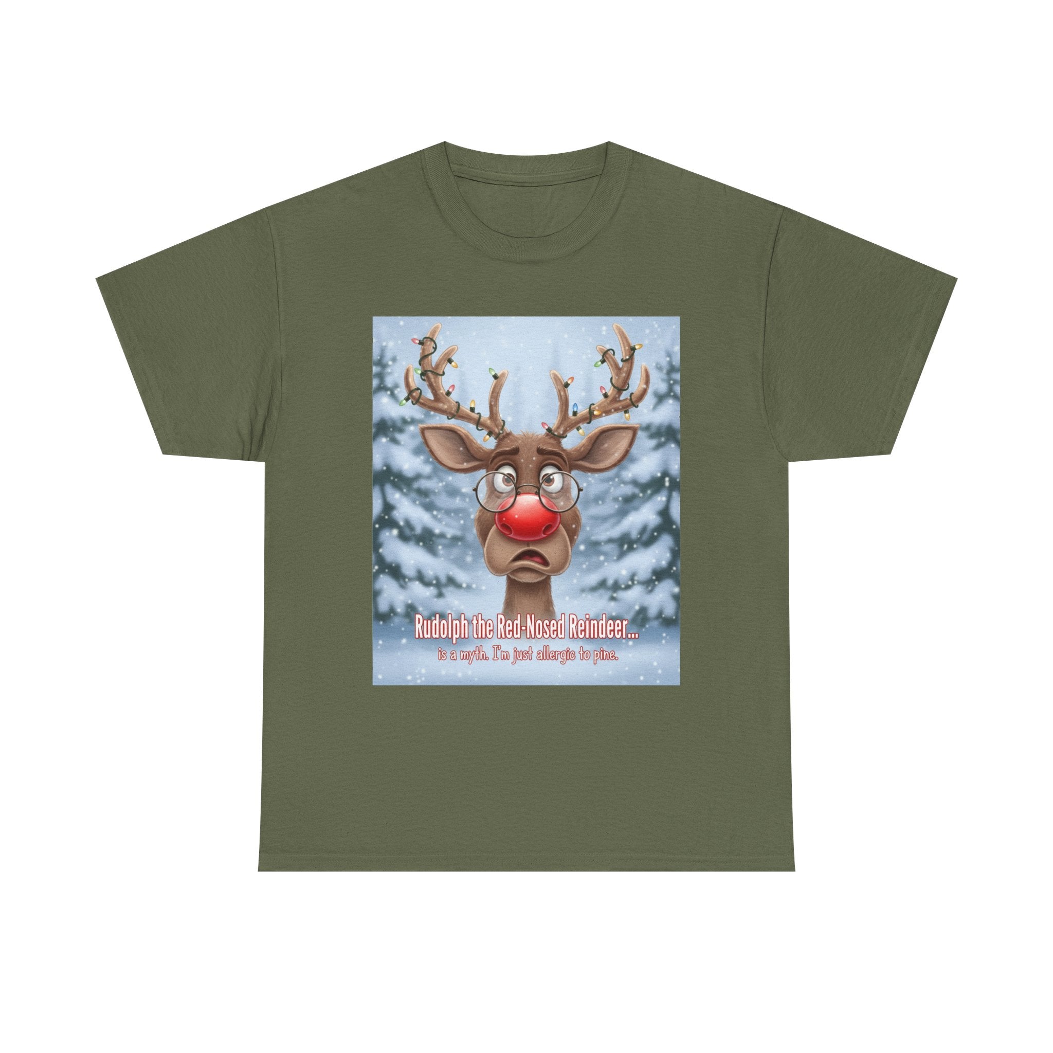 Funny Christmas T-Shirt: "Allergic to Pine" Rudolph Humor Graphic Tee