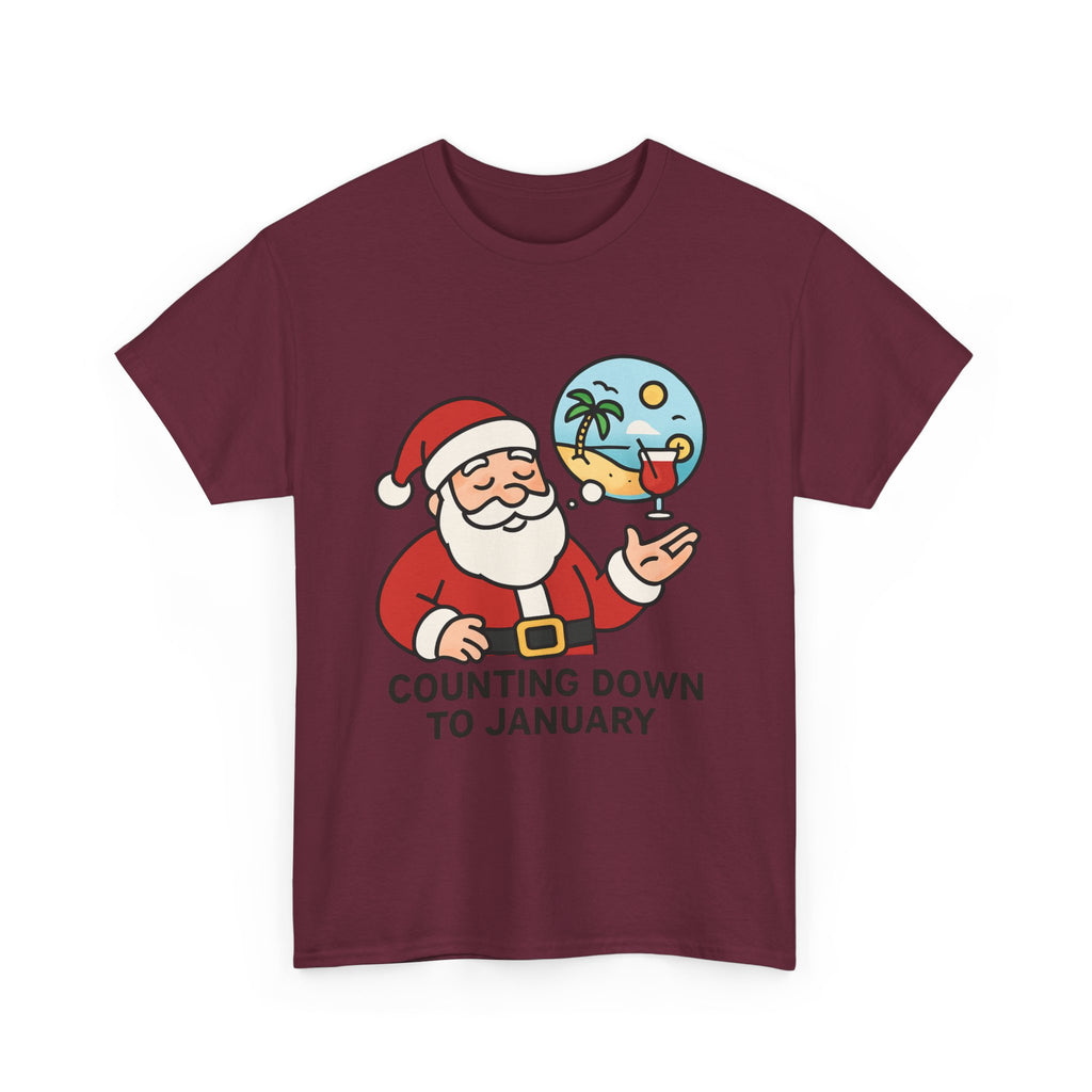 Counting Down to January T-Shirt | Funny Santa Vacation Graphic Tee | Post-Holiday Humor Gift | Gildan 5000