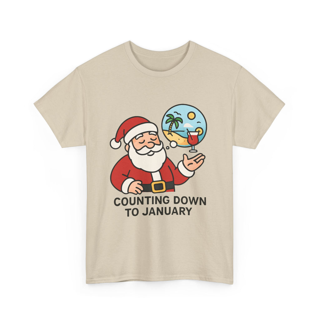 Counting Down to January T-Shirt | Funny Santa Vacation Graphic Tee | Post-Holiday Humor Gift | Gildan 5000