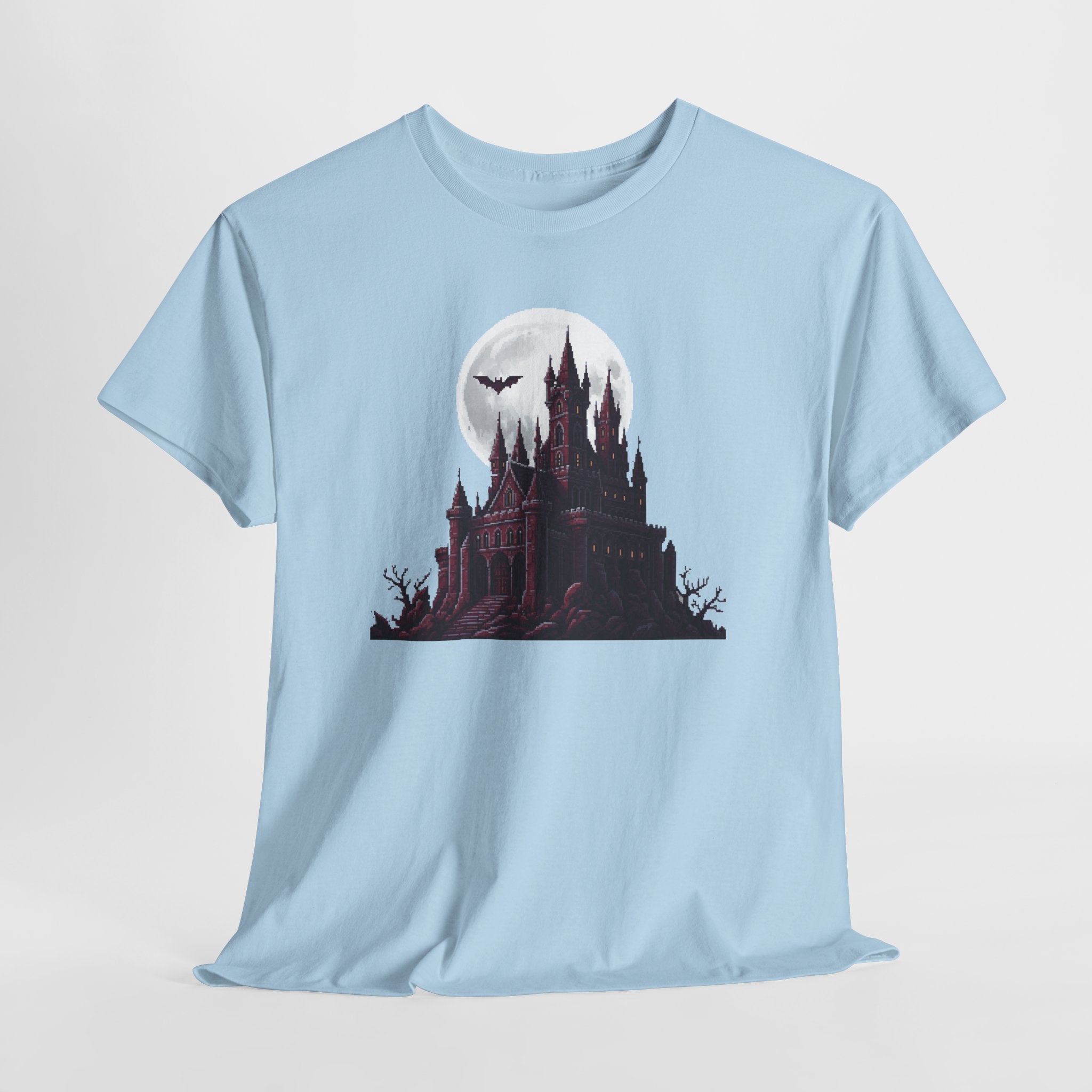 Pixel Art Vampire Castle T-Shirt | Gothic Horror Graphic Tee | Retro Castlevania Style Shirt | Full Moon Bat Gift | Gildan 5000