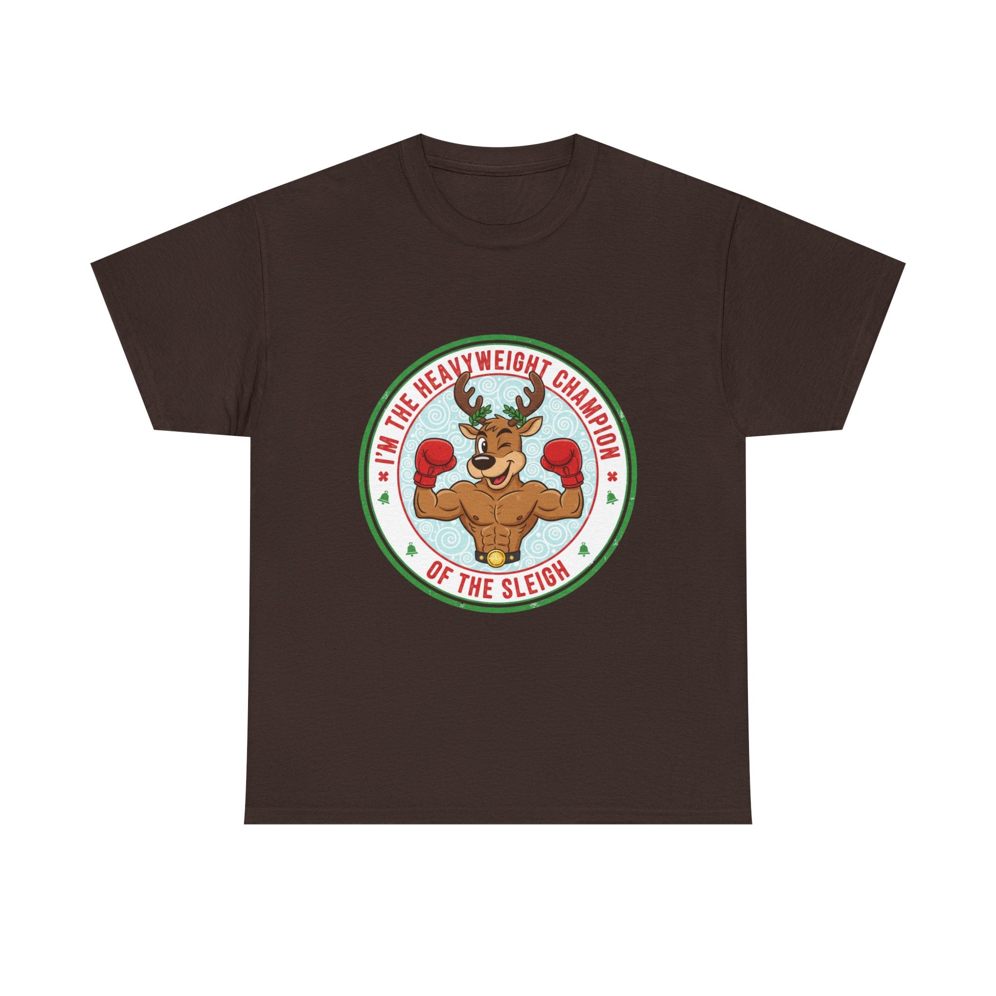 Funny Christmas T-Shirt: "Heavyweight Champion of the Sleigh" Reindeer Graphic Tee