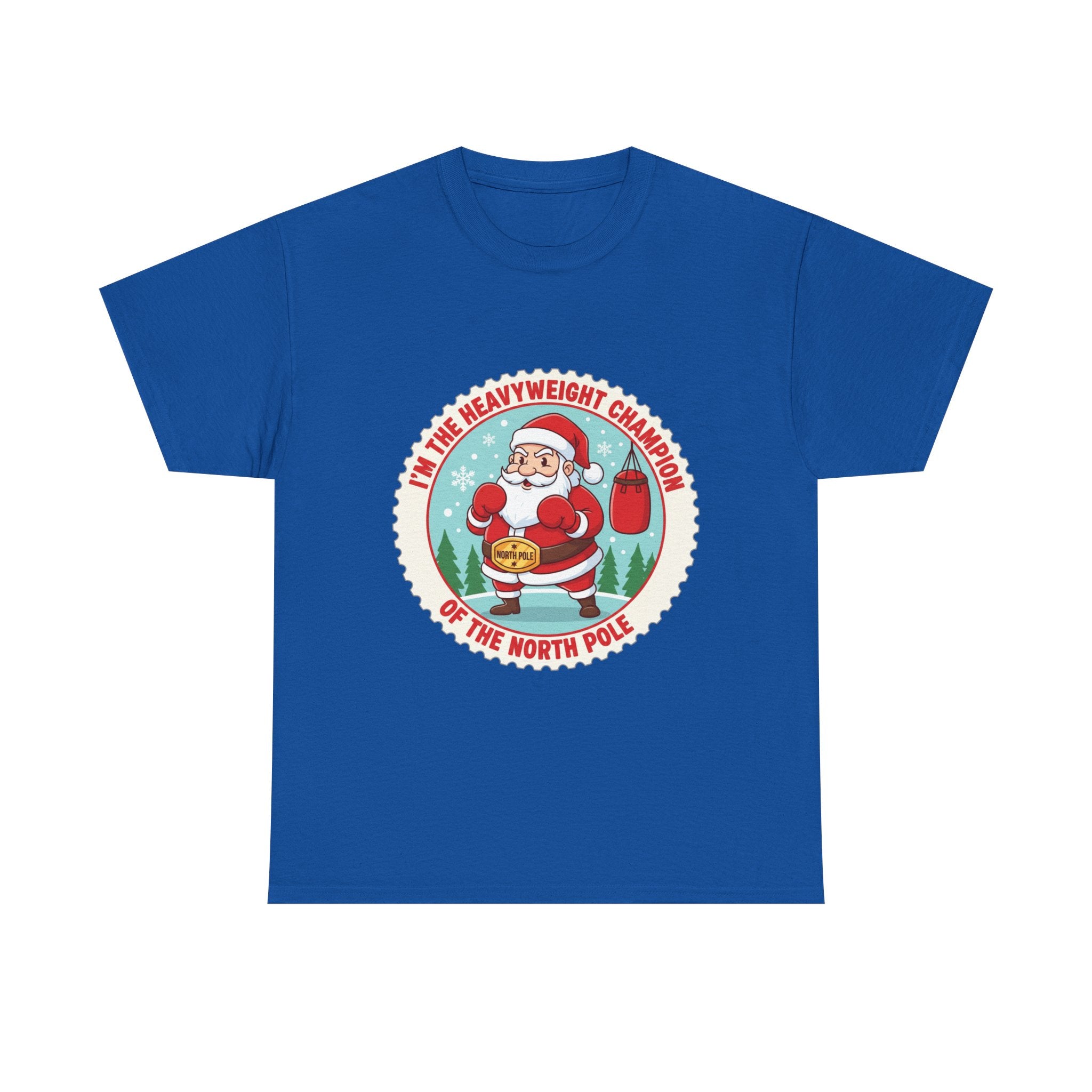 Funny Christmas T-Shirt: "Heavyweight Champion of the North Pole" Boxing Santa Graphic Tee