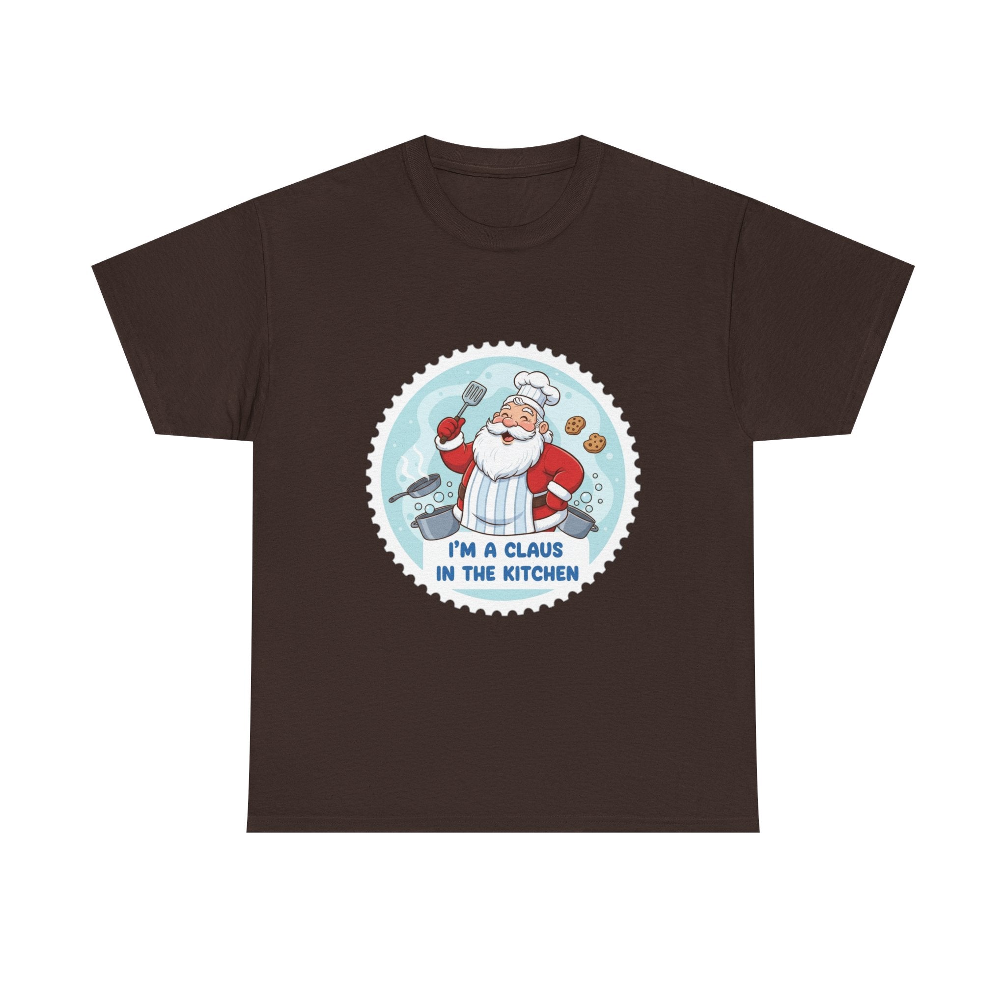 Funny Christmas T-Shirt: "Claus in the Kitchen" Chef Santa Graphic Tee