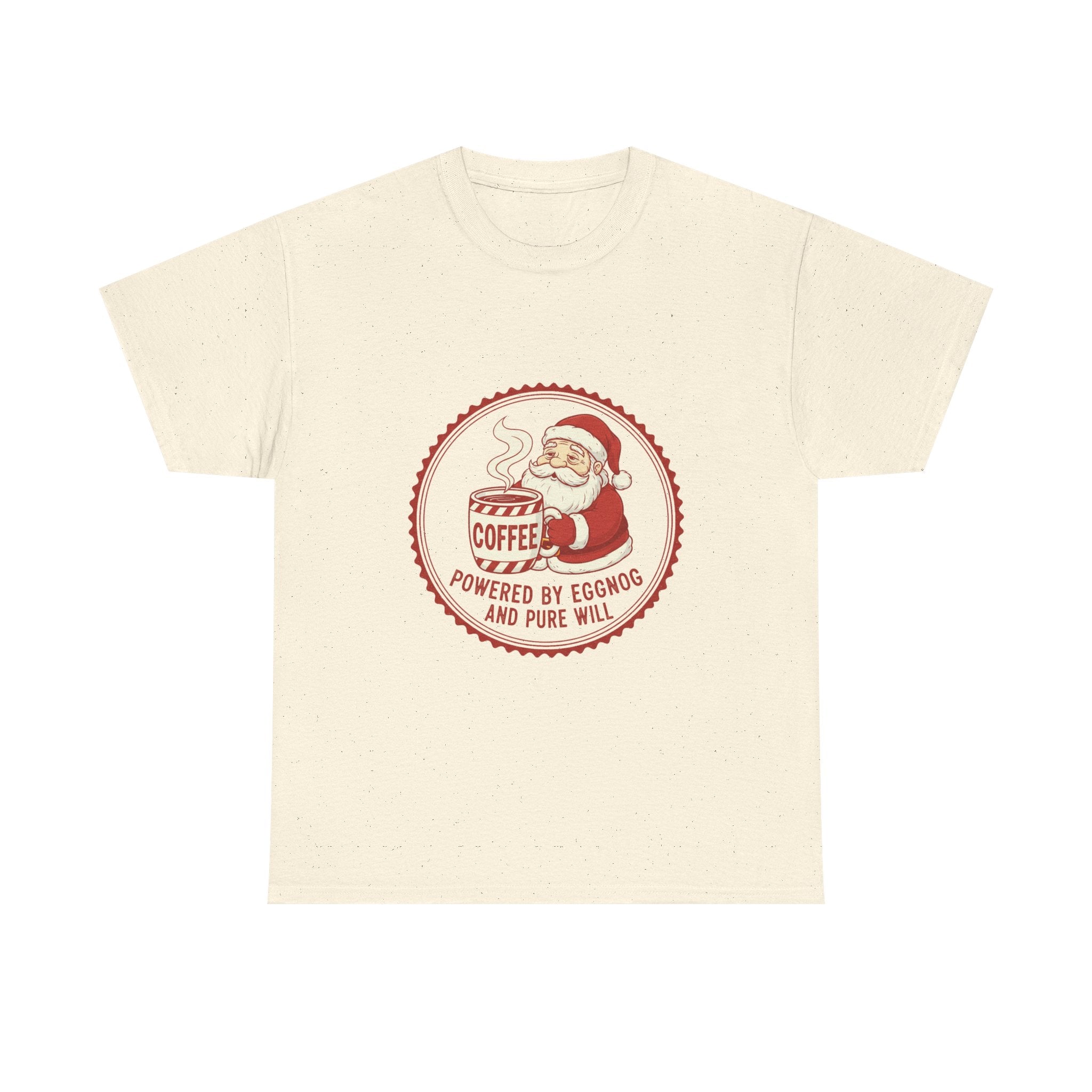 Funny Christmas T-Shirt: "Powered by Eggnog and Pure Will" Santa Coffee Graphic Tee