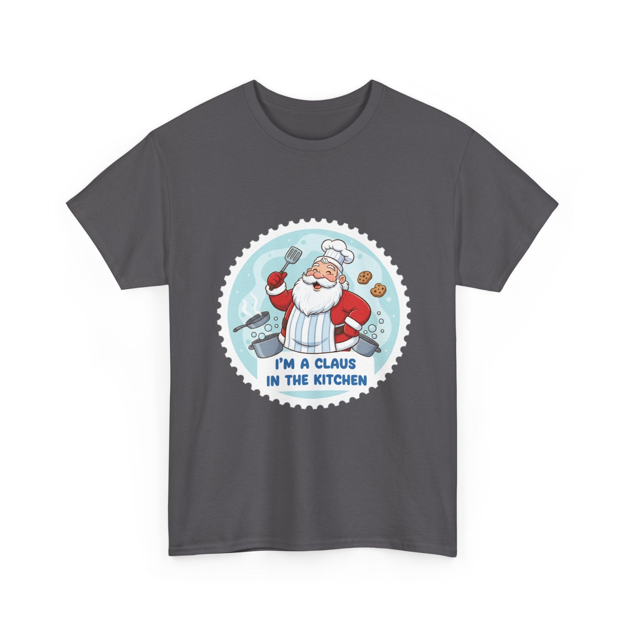 Funny Christmas T-Shirt: "Claus in the Kitchen" Chef Santa Graphic Tee